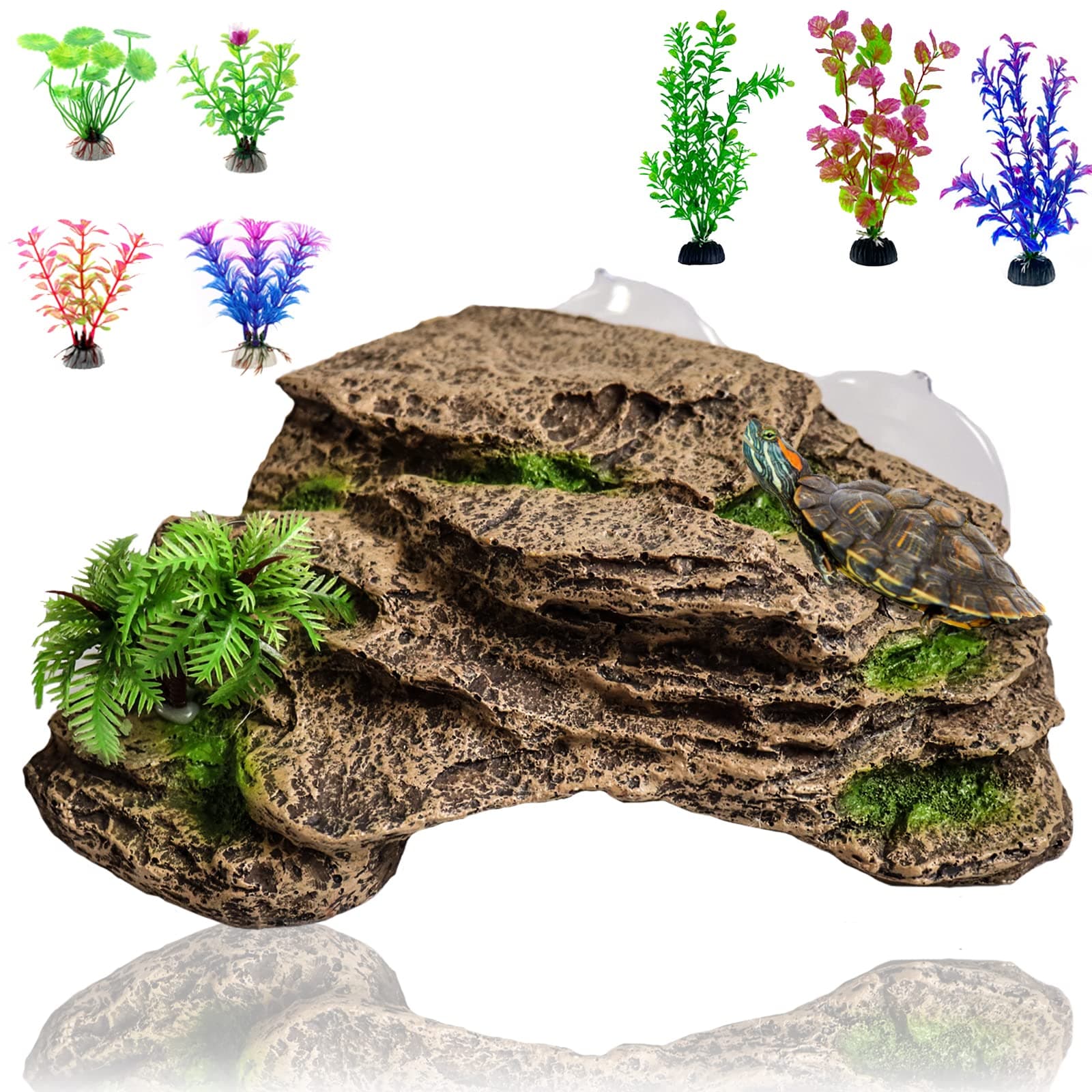 HERCOCCITurtle Basking Platform Tortoise Climbing Ramp with Suction Cup Aquarium Ornament Rock Plastic Plants for Turtle Frog Reptiles Landscaping
