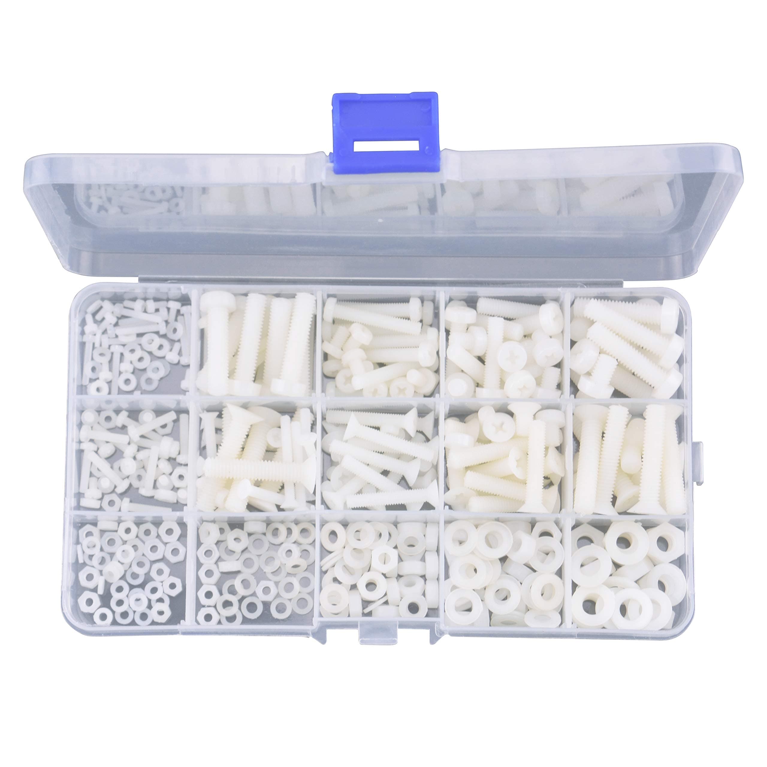 M2 M2.5 M3 M4 M5 M6 Nylon Screw Nut Plastis Washer Assortment Kit with Screw Storage Box(420PCS)
