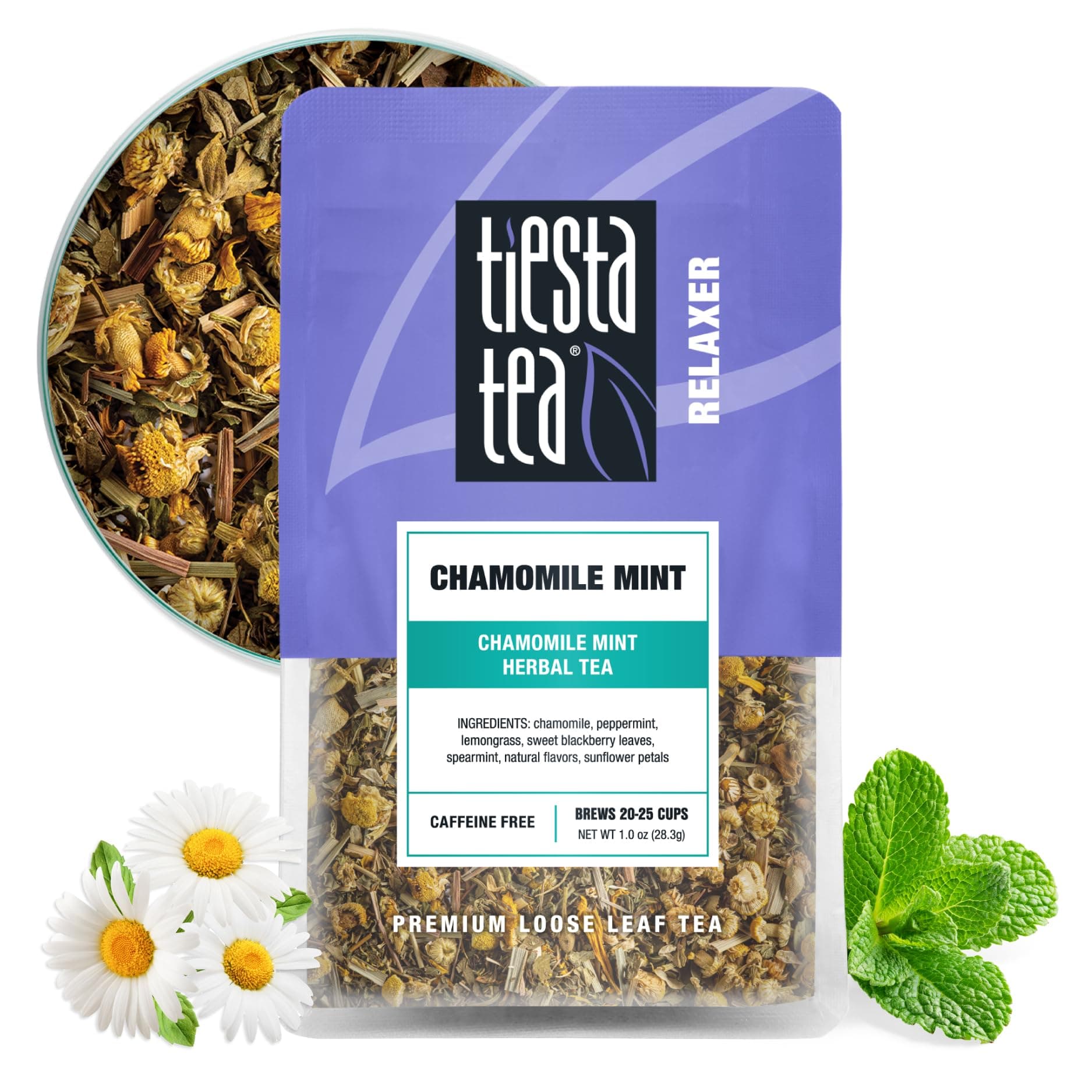 Tiesta Tea - Chamomile Mint, Loose Leaf, Chamomile Mint Herbal Tea, Premium Blend, Caffeine-Free Herbal Drink, Makes Hot or Iced & Up to 25 Cups, 1oz Resealable Pouch