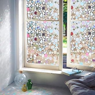 Viseeko Stained Glass Window Privacy Film：3D Pebble Decorative Rainbow Film Easy Install Colored Window Cling Non-Adhesive UV Protection 23.6X 78.7inch