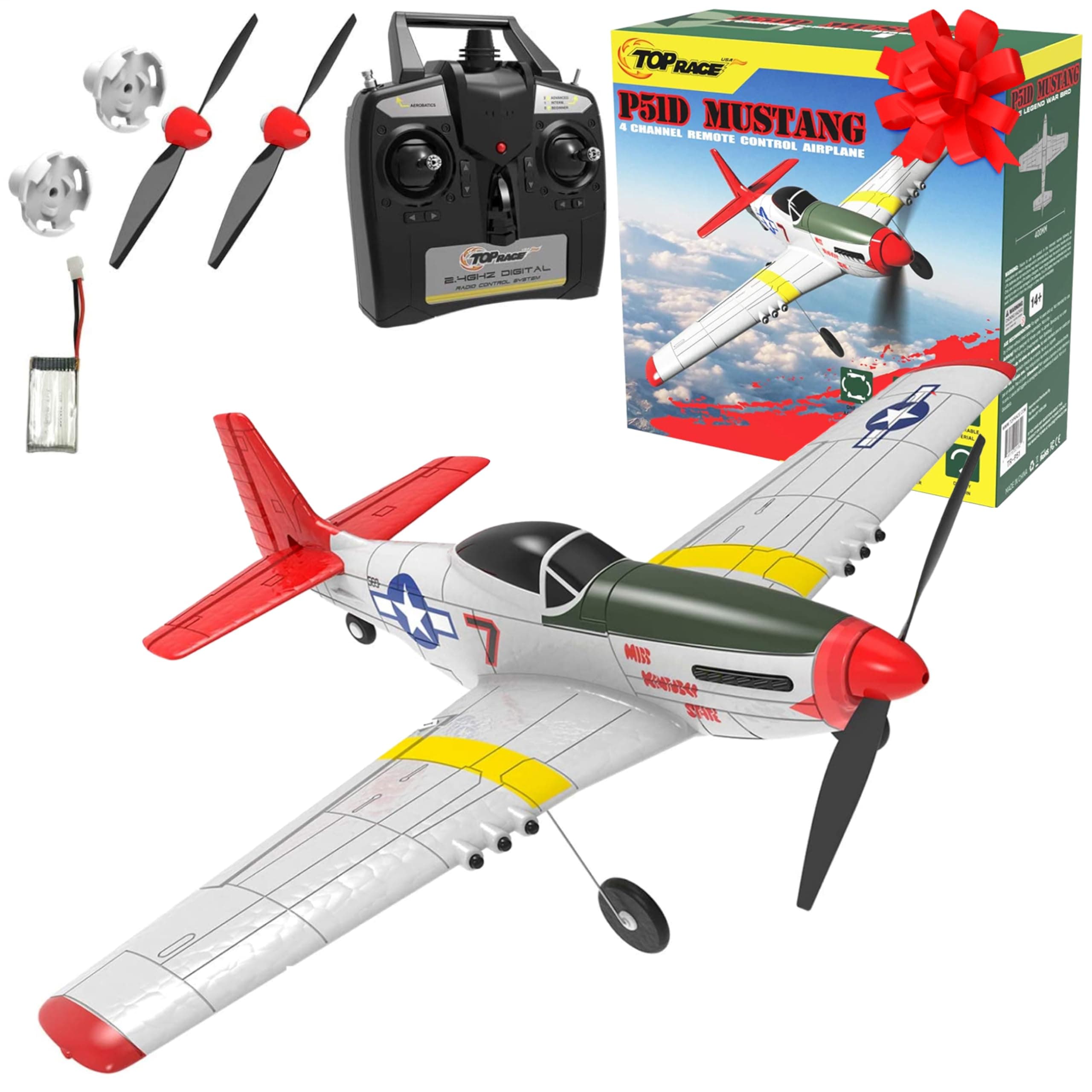 Top Race Remote Control Airplane 4 Channel Remote Control Airplane with 2.4Ghz High Speed Plane Ready to Fly P-51 Mustang War Aircraft Toy for Adults Kids