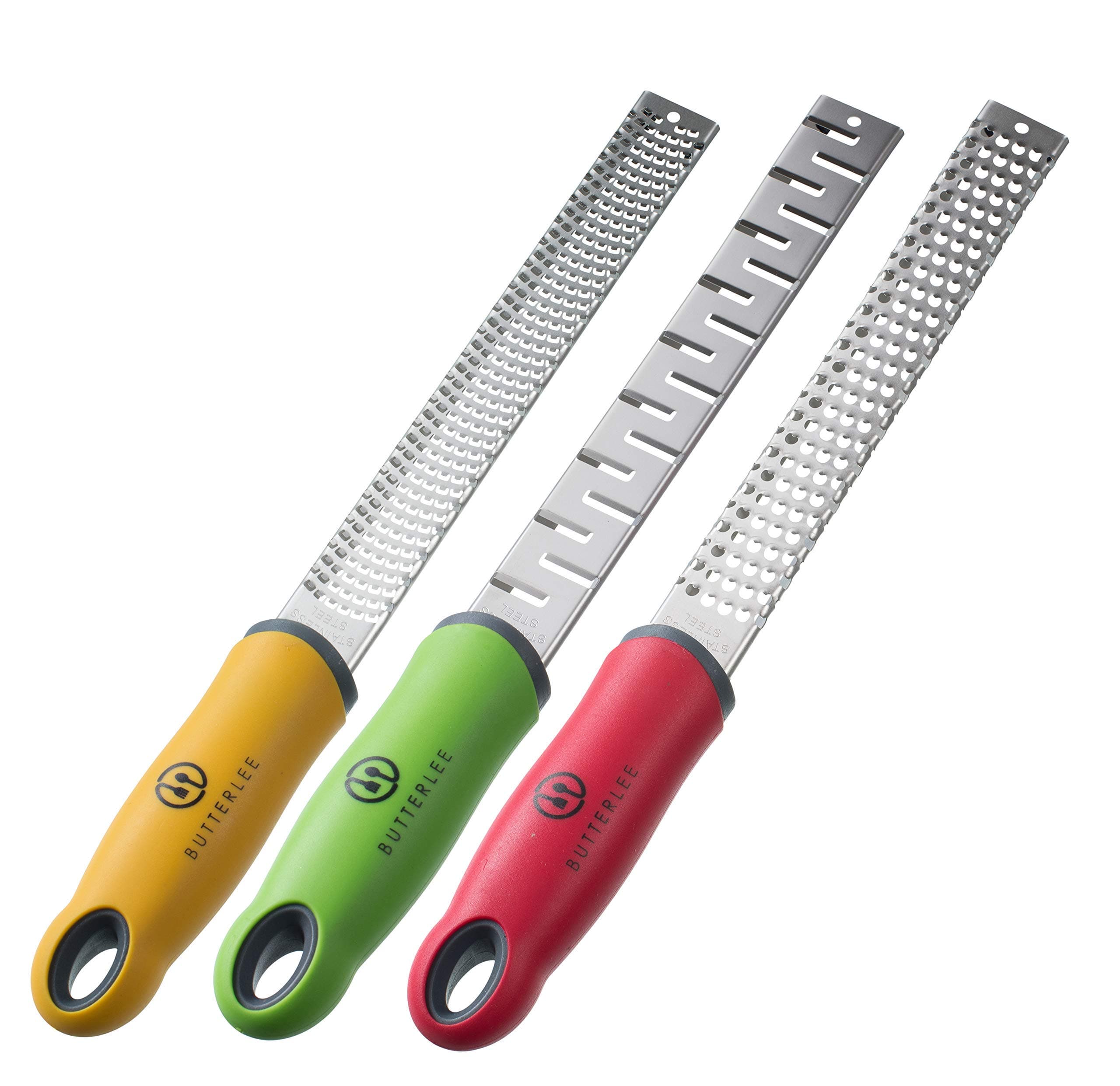 Citrus Lemon/Lime Zester Kitchen Tool & Cheese Grater set by BUTTERLEE, Stainless Steel, Red Yellow Green, Fine Grater, Chocolate-Garlic-Ginger-Nutmeg-Coconut-Spice-Parmesan Cheese Shredder & grater