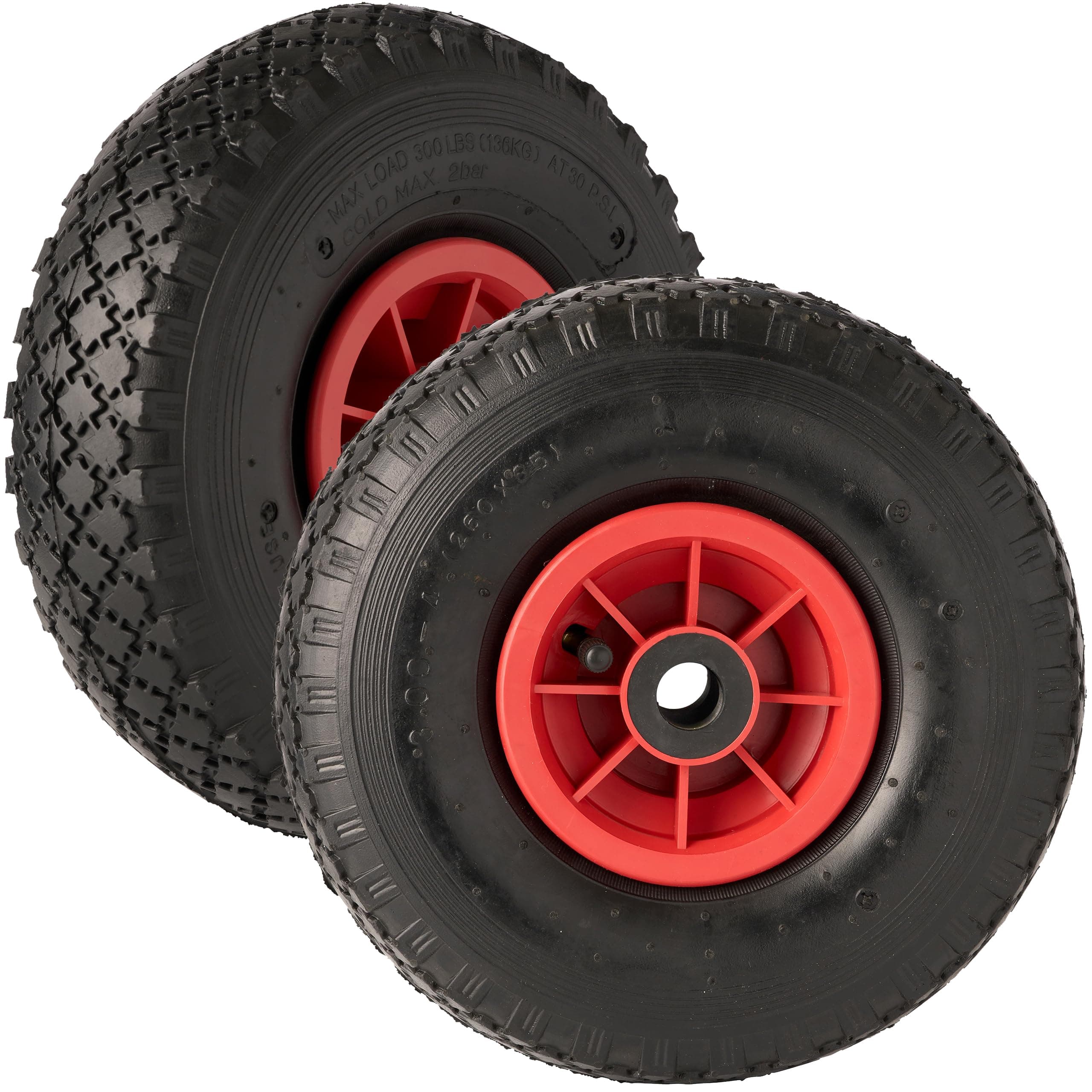 2 x 10" Pneumatic Tyre 3.00-4, Pack of 2 Replacement Wheels for Wheelbarrow Sack Truck Hand Trolley Cart Trailer, 20mm Bore, 272kg Total Load Capacity (No Bearings)