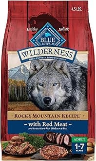 - Blue Buffalo Wilderness Rocky Mountain Recipe High-Protein Adult Dry Dog Food Wholesome Red Meat, 4.5 lb Bag