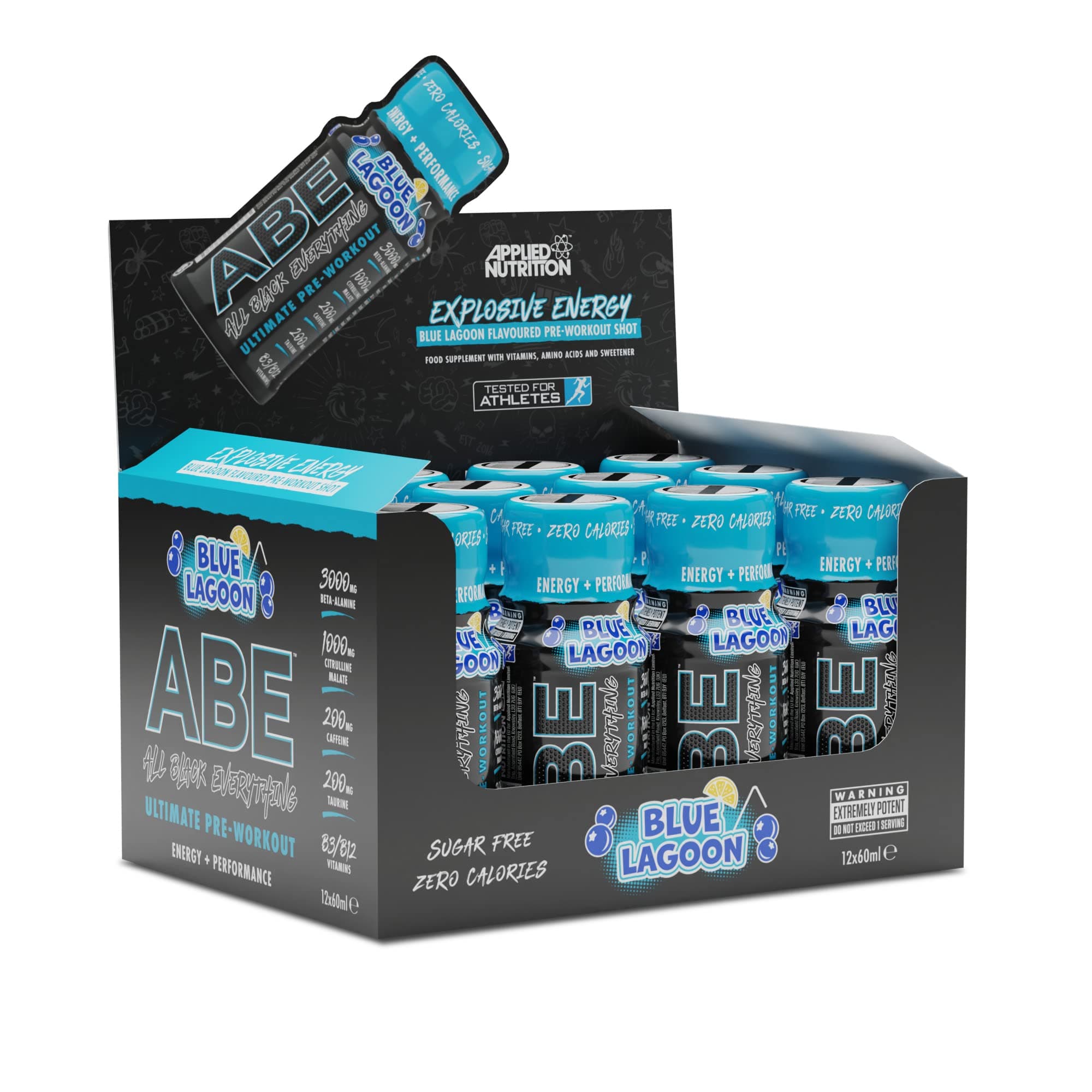 ABE Pre Workout Shot - All Black Everything Pre Workout Energy Shots, Physical Performance with Citrulline, Beta Alanine, Caffeine (Box 12 Units x 60ml) (Blue Lagoon)