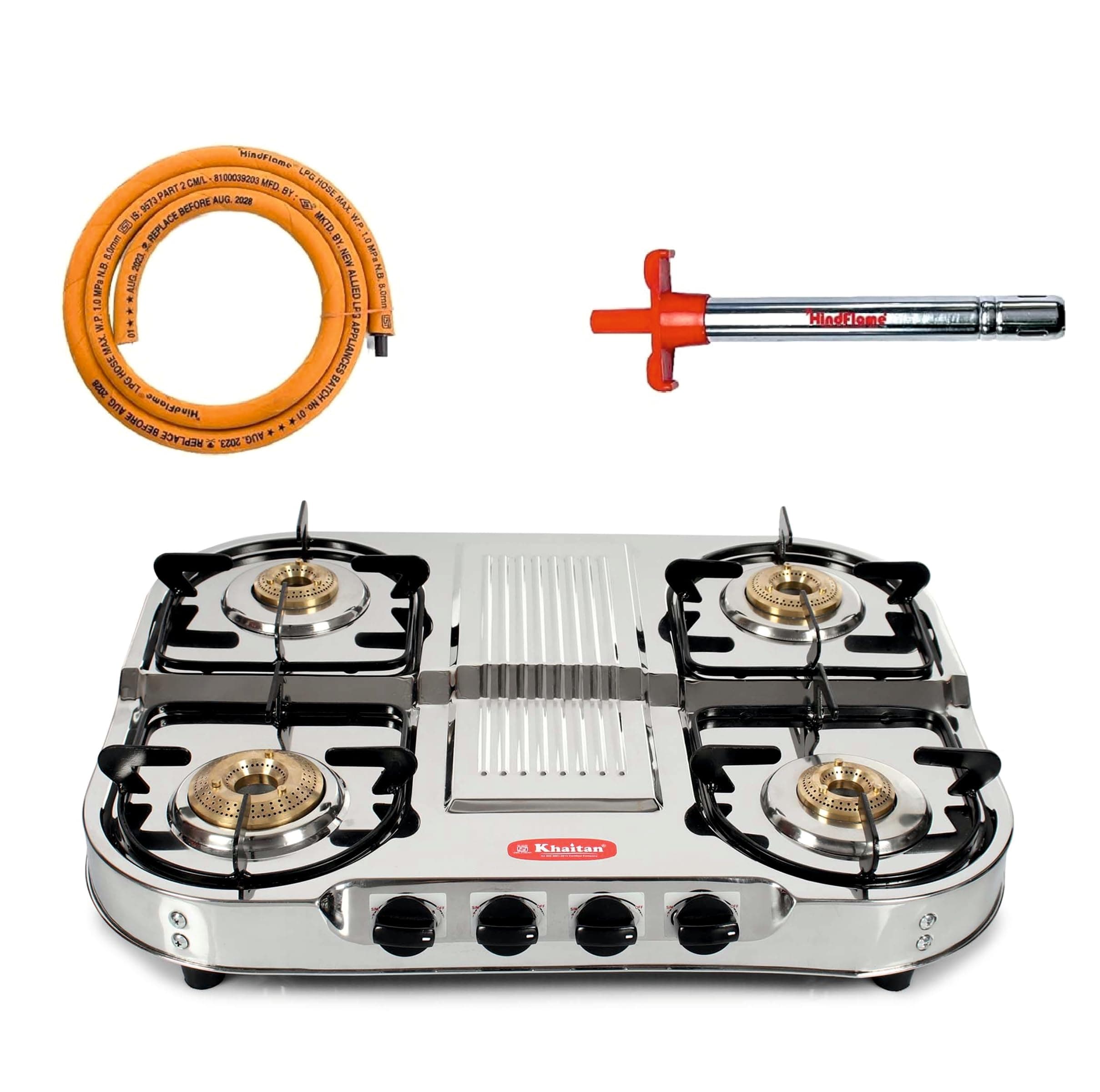 Khaitan Combo - 1 Unit 4 Burner Double Decker Pro Manual Lpg Stainless Steel Gas Stove + 1 Unit Hindflame Kitchen Lighter + 1 Unit Hindflame Lpg Hose Pipe (1.5 Mtr)