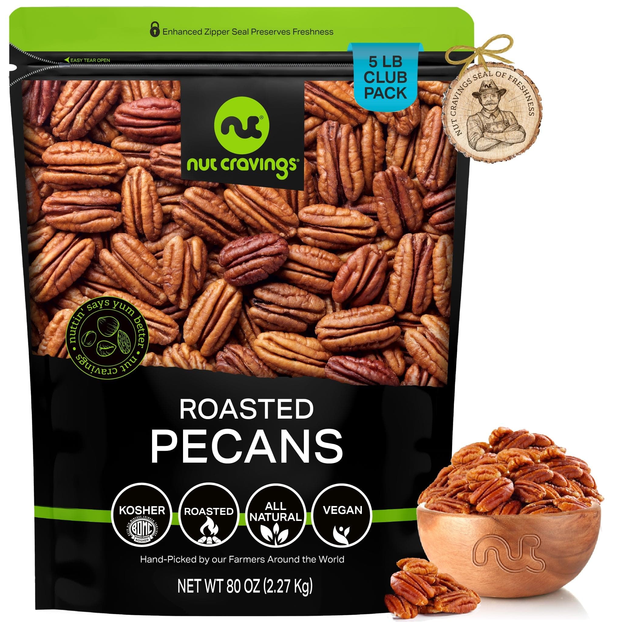 NUT CRAVINGS - Pecans Halves, Roasted & Unsalted, No Shell (80oz - 5 LB) Bulk Nuts Packed Fresh in Resealable Bag - Healthy Protein Food Snack, Food Assortments