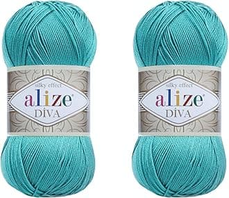 AlizeDiva Yarn 100% Microfiber Acrylic Yarn, 2 Skeins of 200gr/767yds, Cyan, Silk Effect, Hand Knitting & Crochet, Fingering Weight