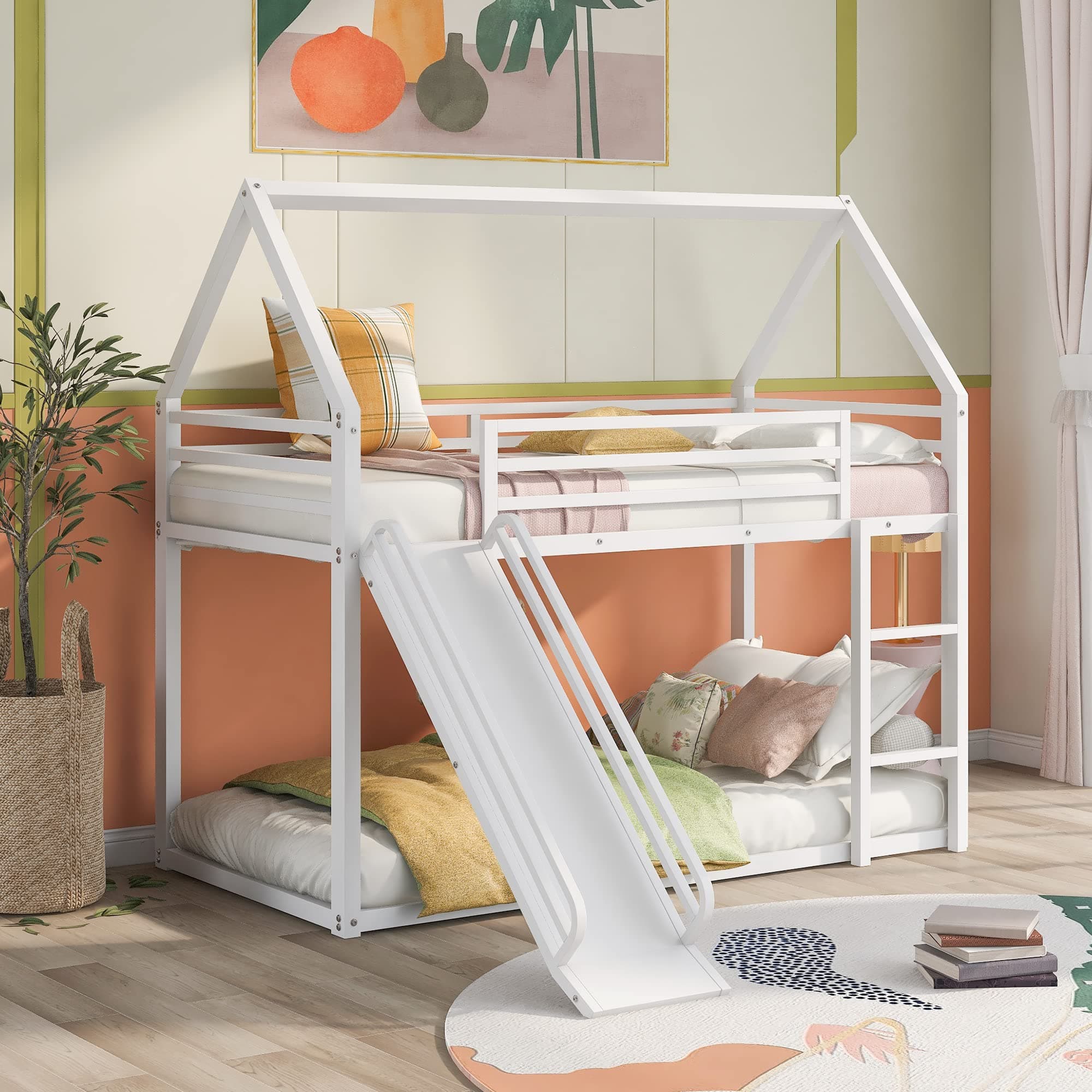 Metal Bunk Bed with Slide, Low Bunk Bed Twin Over Twin, Junior House BunkBed for Girls Boys, Metal Bunkbeds with Full-Length Guardrail & Ladder, No Box Spring Needed, Easy to Assemble, White