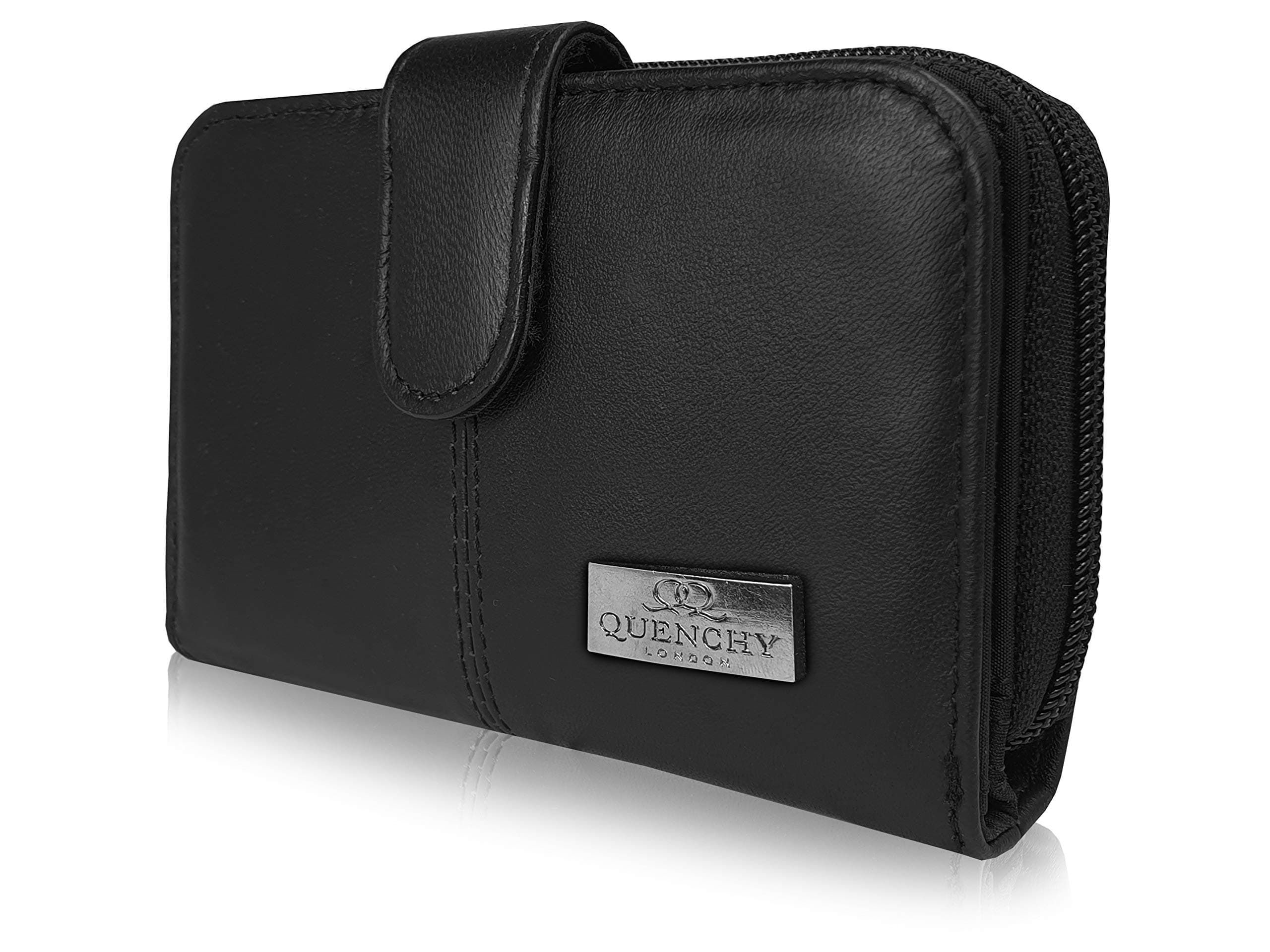 Real Leather Purse RFID Blocking with 2 Zipped Coin Sections, 5 Coin Trays, 6 Credit Debit Cards Spaces Slots 14cm x10 x3 QL225KRFID (Black)