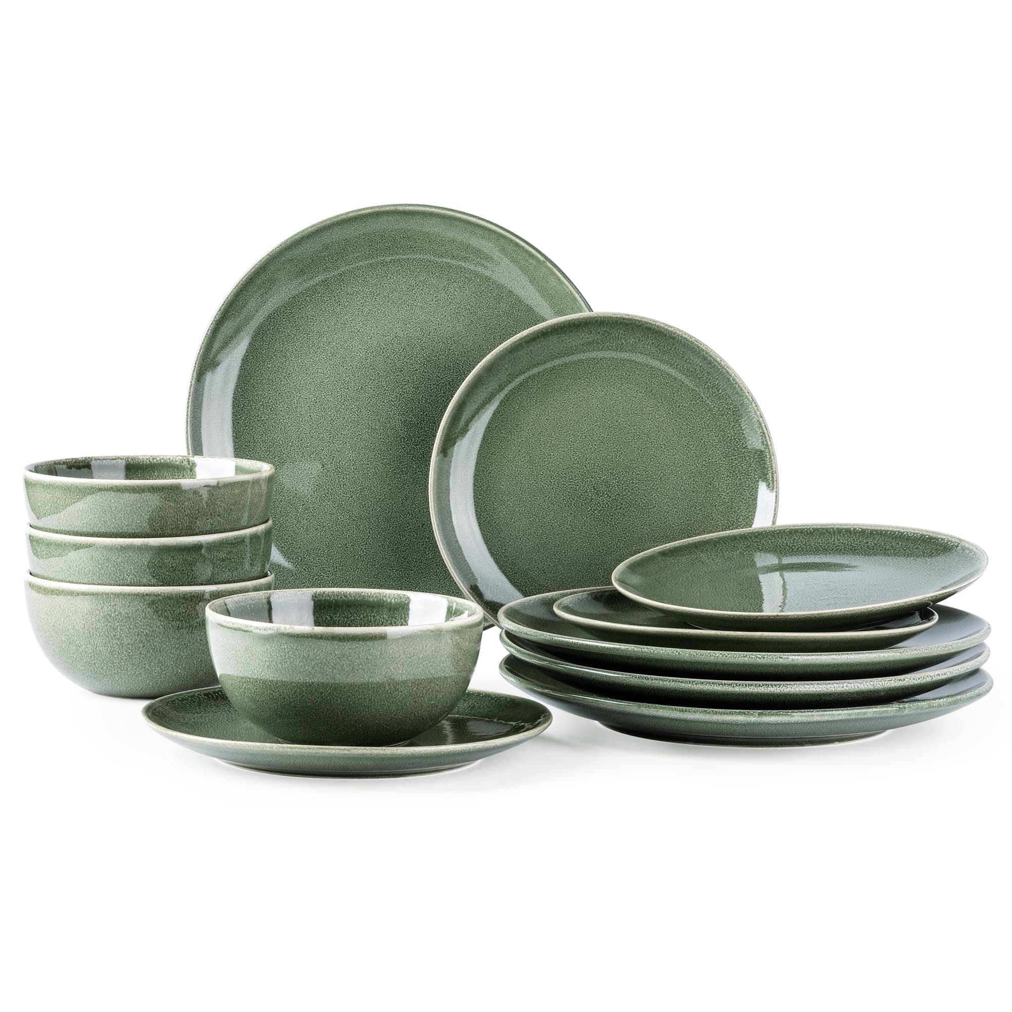 Ceramic Dinnerware Sets for 4, 12 Pieces Handpainted Plates and Bowls Set, Scratch Resistant Stoneware Dishes Set, Dishwasher & Microwave Safe, Jade Green