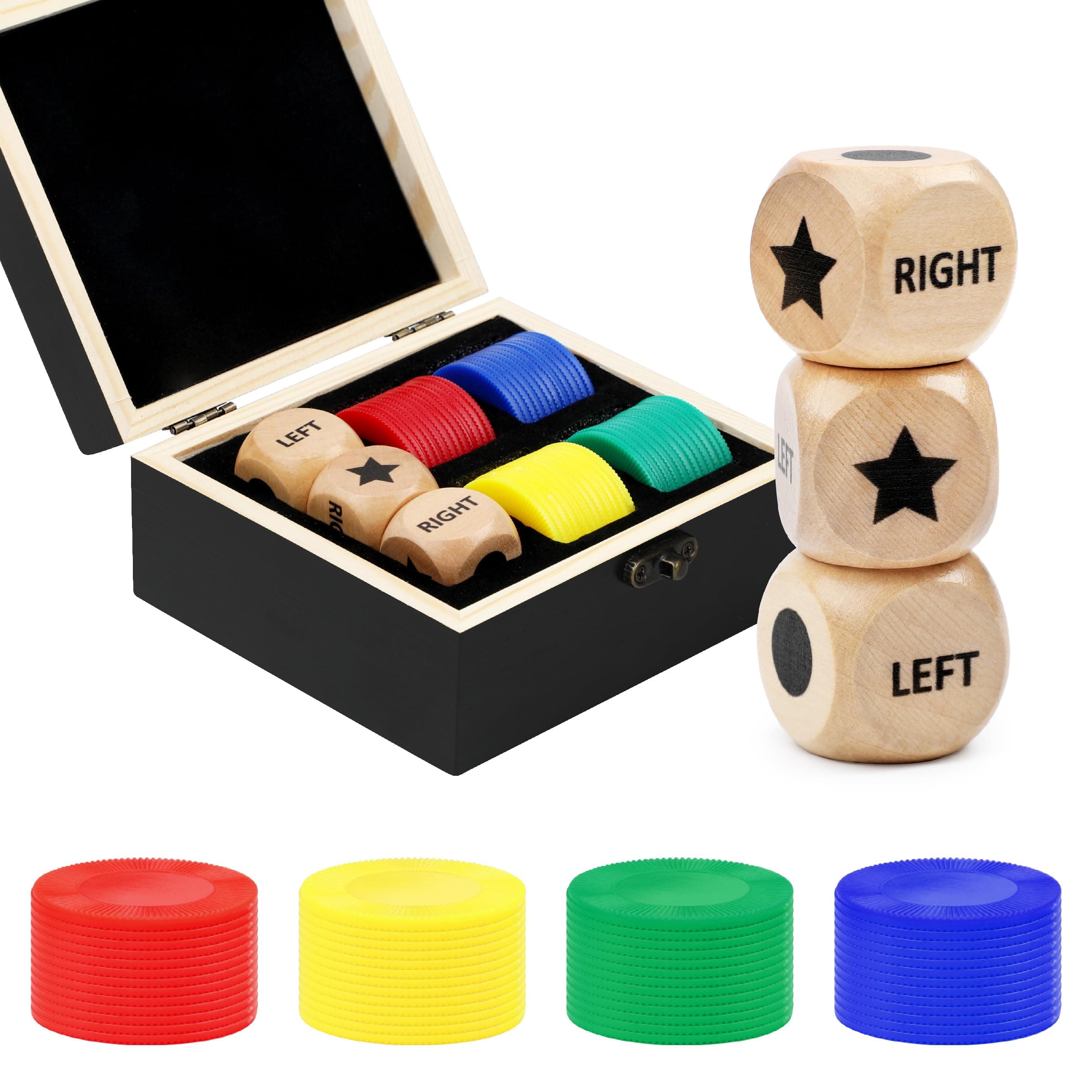 Fun Left Right Roll Dice Game Set, Include 3 1-inch Wooden Dices and 48 Pcs Chips in Black Wooden Box, Easy to Store and Carry Around for Travel
