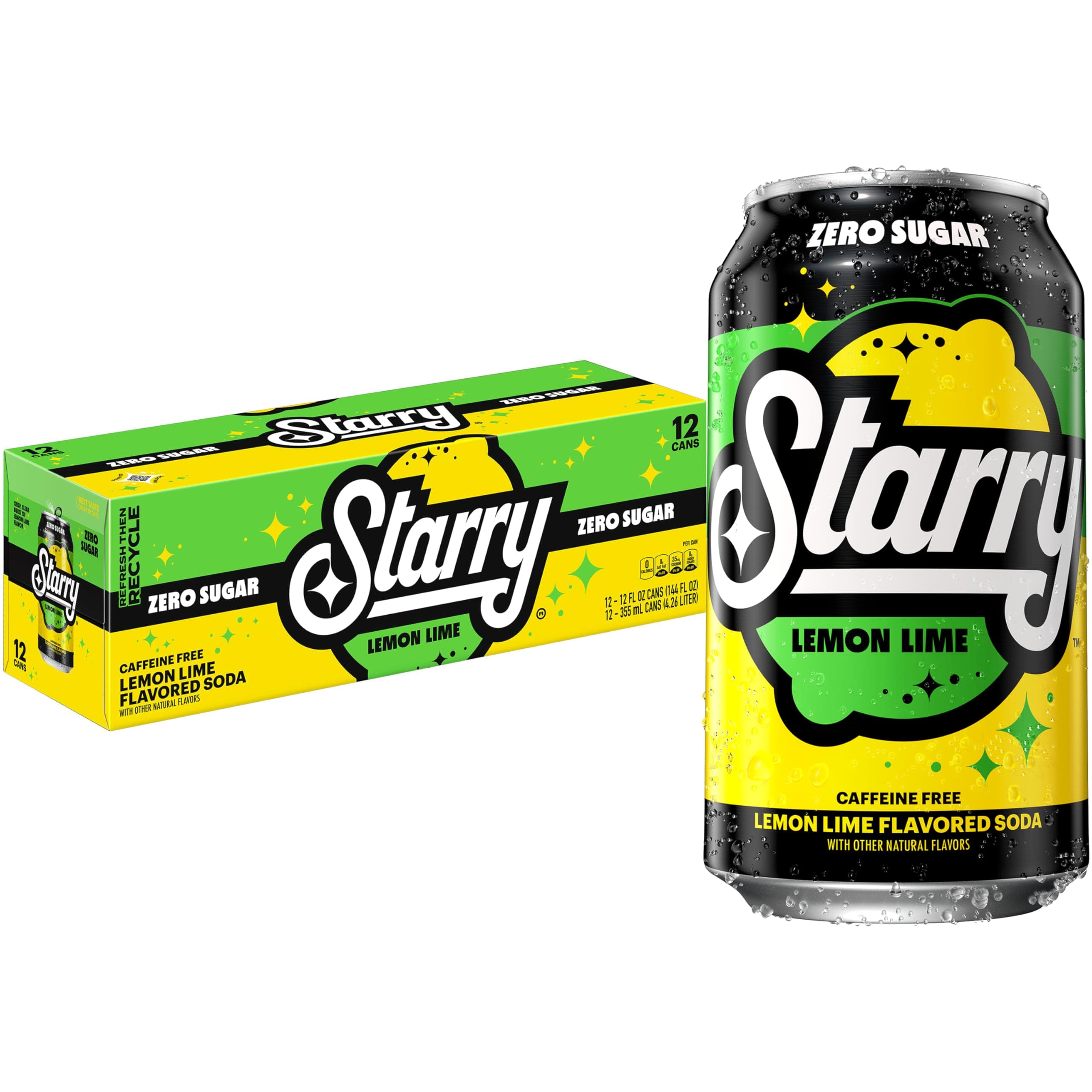 Starry Zero Sugar Lemon Lime Soda, 12 Fl Oz Cans (Pack of 12)