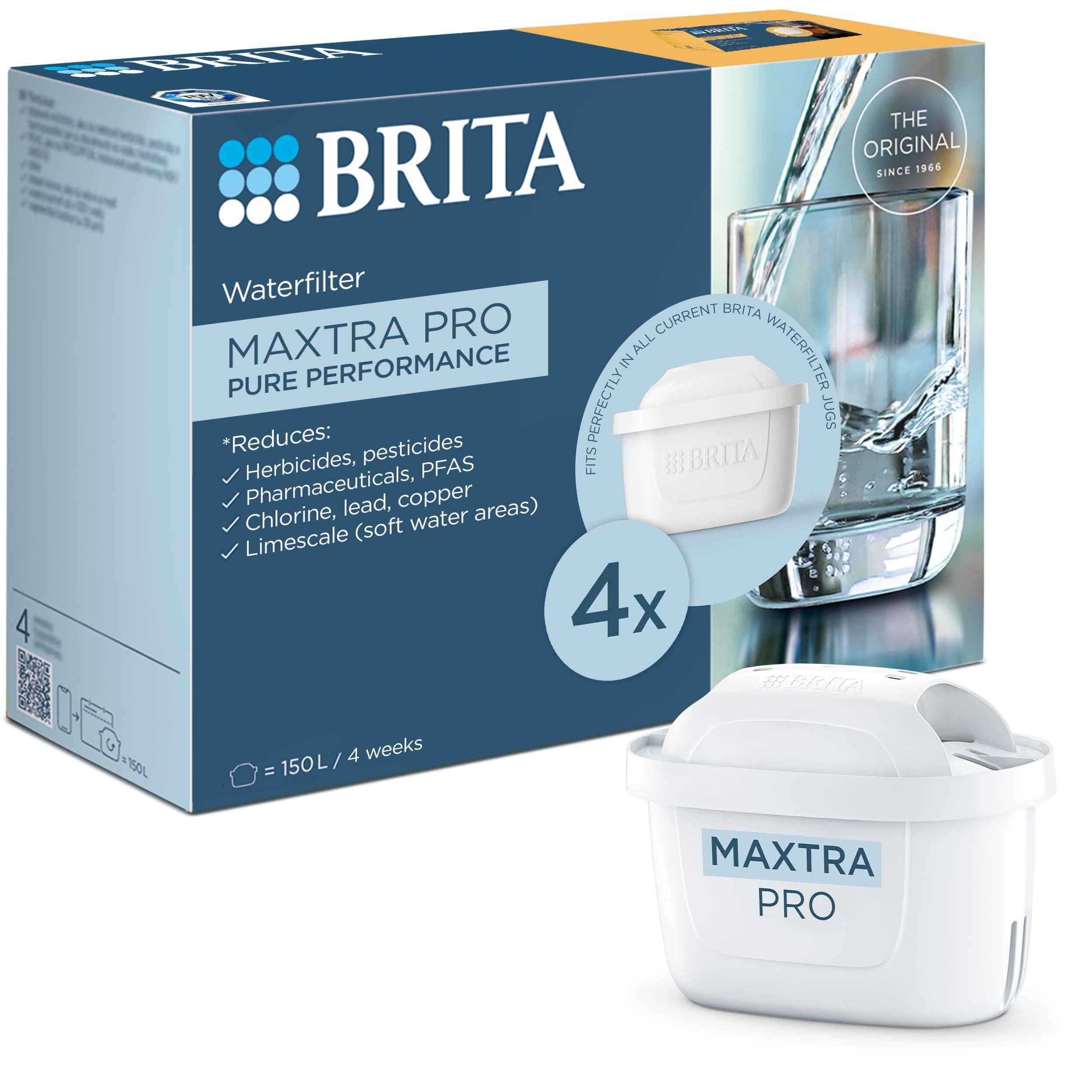 BRITA MAXTRA PRO Pure Performance Tap Water Filter Pack of 4 Filters - Reduces Chlorine, Limestone, PFAS and Metals, Original Filter Compatible with Water Filter Jug BRITA