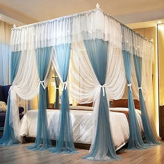 Joyreap Luxury 4 Corners Post Canopy Bed Curtains - Blue & White Cozy Drape Netting - Cute Princess Style Bedroom Decoration Accessories (86" W x 78" L, King)