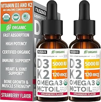 (2 Pack) Organic Vitamin D3 K2 Drops 5000 IU with MCT Oil Omega 3 - Maximum Strength Liquid D3 with No Fillers, Non-GMO for Faster Absorption, Immune Support (Strawberry, 2 Fl Oz)