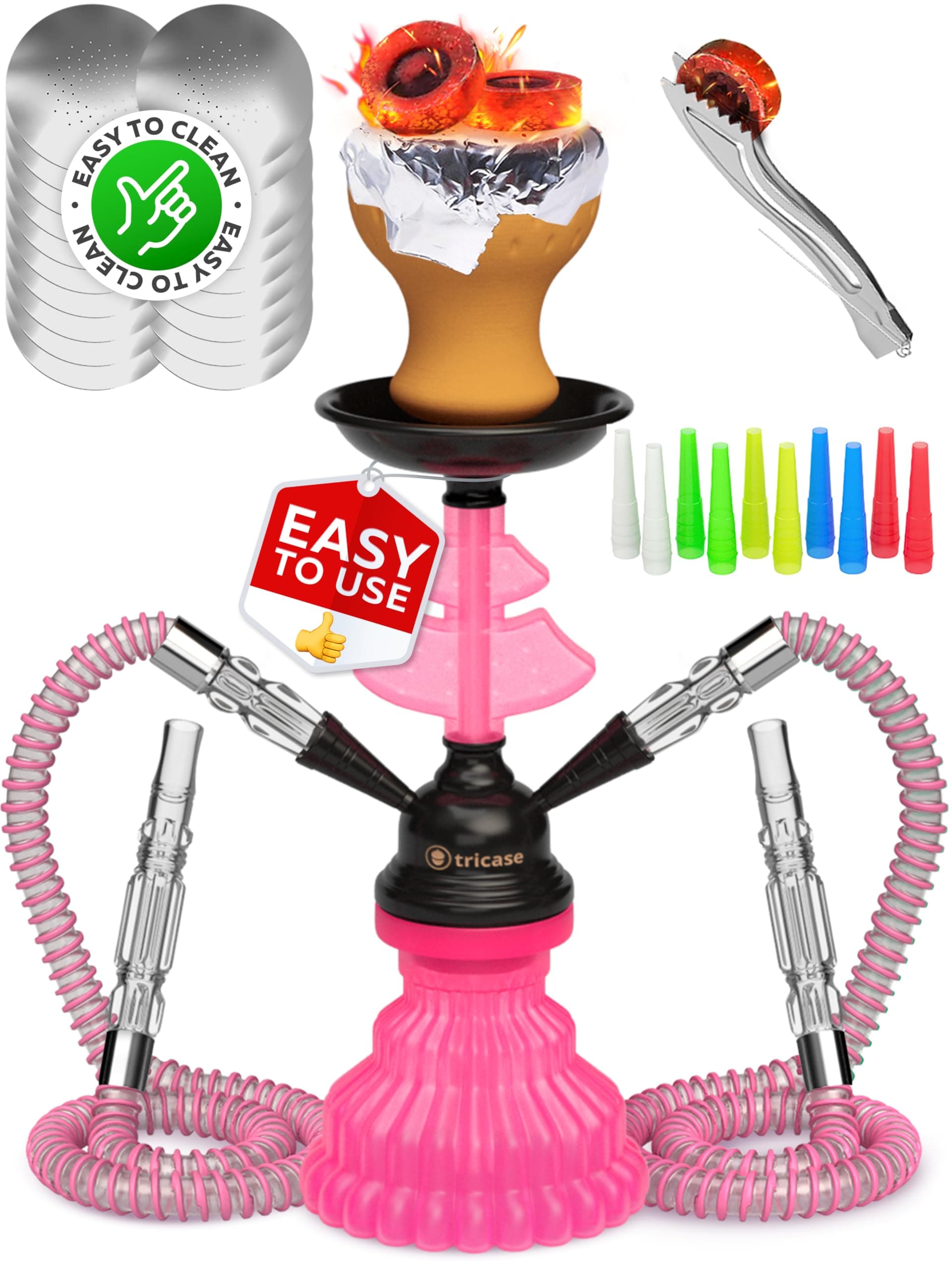 Hookah set with everything - Pink Hookah Set 2 Hose Hookah - LilOne 12" Pink Mini Hookah 2 Hose Hookah Set with 50x Foil Big Silicone Bowl 10x Tips 2x Mouthpiece 2x Hookah Hose Tongs - Hookah Kit