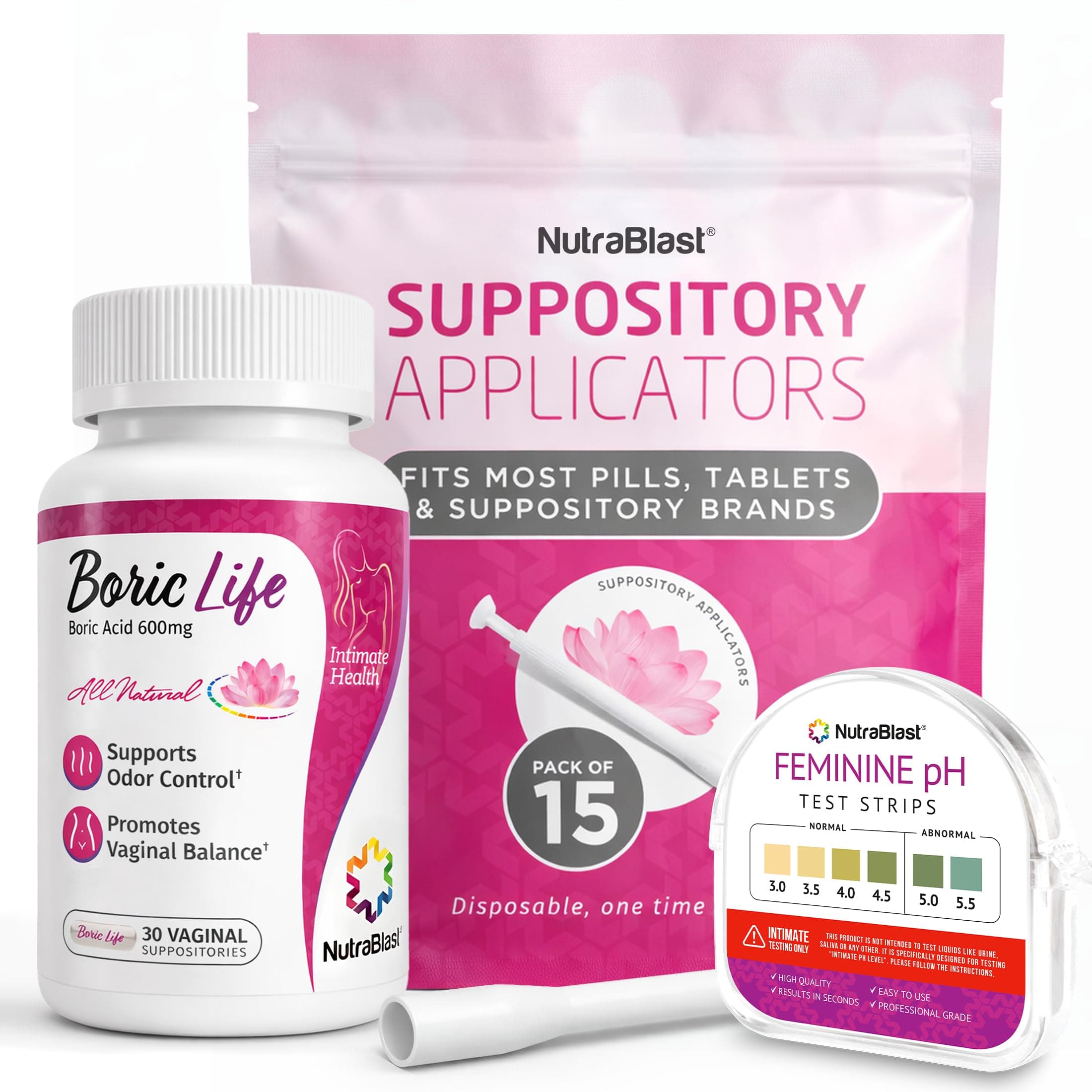NutraBlast Boric Acid Suppositories 600mg (30 Count) Bundle with Disposable Suppository Applicators (15-Pack) and Feminine pH Test Strips 3.0-5.5 (100 Tests Roll)