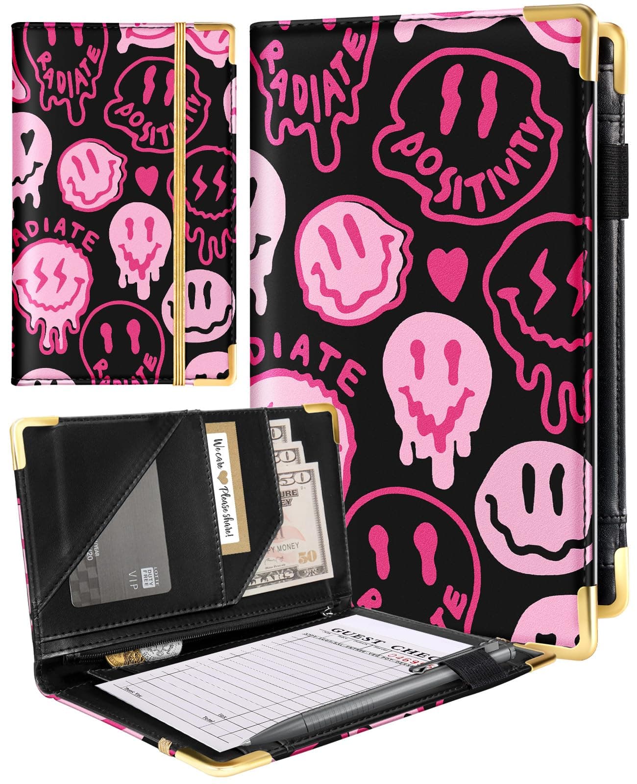 Slohif Server Book for Waitress Cute Serving Books with Zipper Pocket Accessories Leather Server Check Book Restaurant Waiter Server Booklet Ticket Book Holder Smile