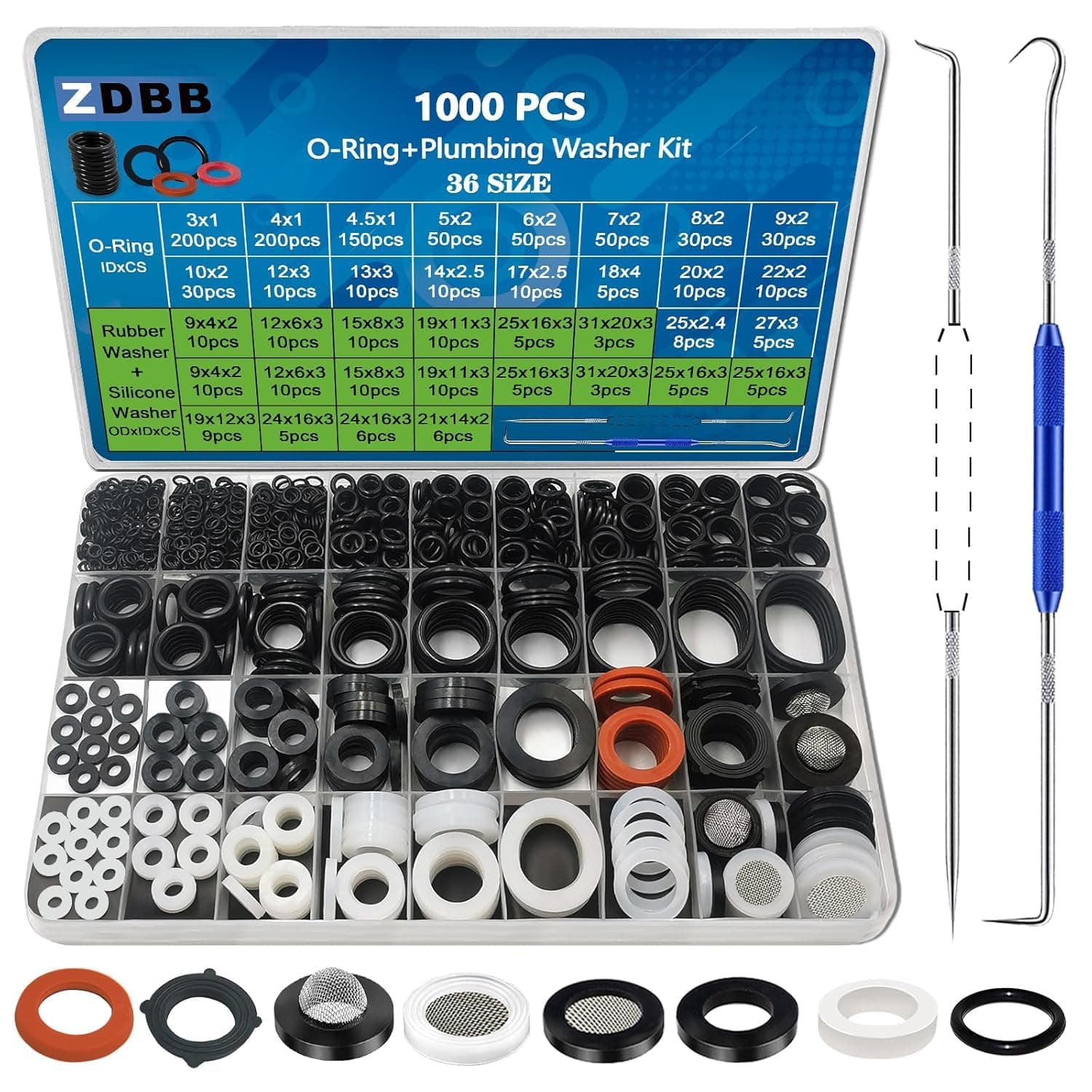 ZDBB 1000 Pcs 18 Size O Ring Kit+18 Size Rubber Washers Assortment Kit for Plumbing Faucet Water Pipe Garden Hose Washers Shower Heads Gasket Repair and Air or Gas Connections