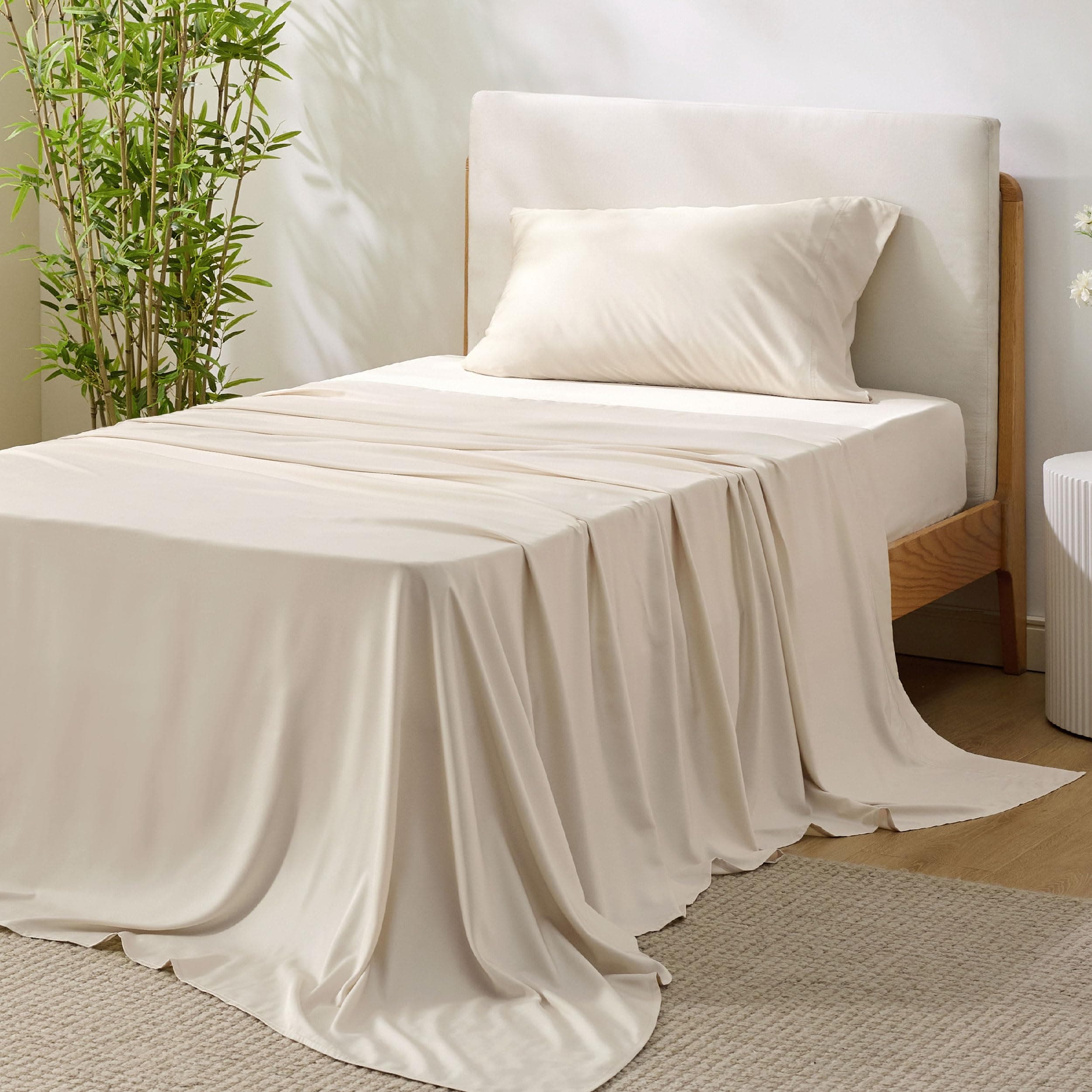 Bedsure Cooling Sheets Twin, Rayon Derived from Bamboo, Breathable & Soft Twin Sheets Set, Deep Pocket Up to 16 Inches, Hotel Luxury Silky Bedding for Hot Sleepers, Light Beige