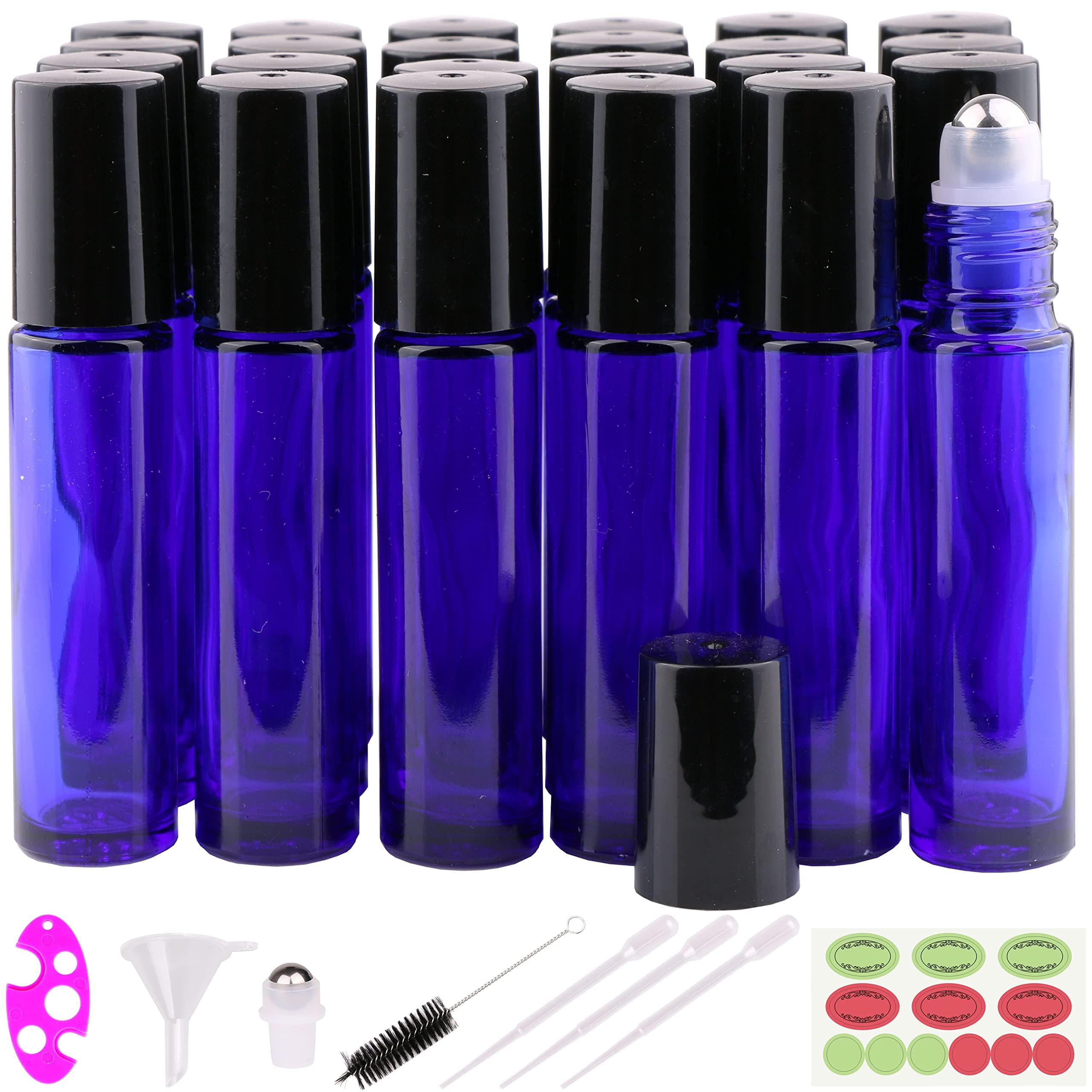 24 Pack,10ml Roller Bottles for Essential Oils Cobalt Blue Glass Stainless Steel Roll On Ball Bottles for Travel