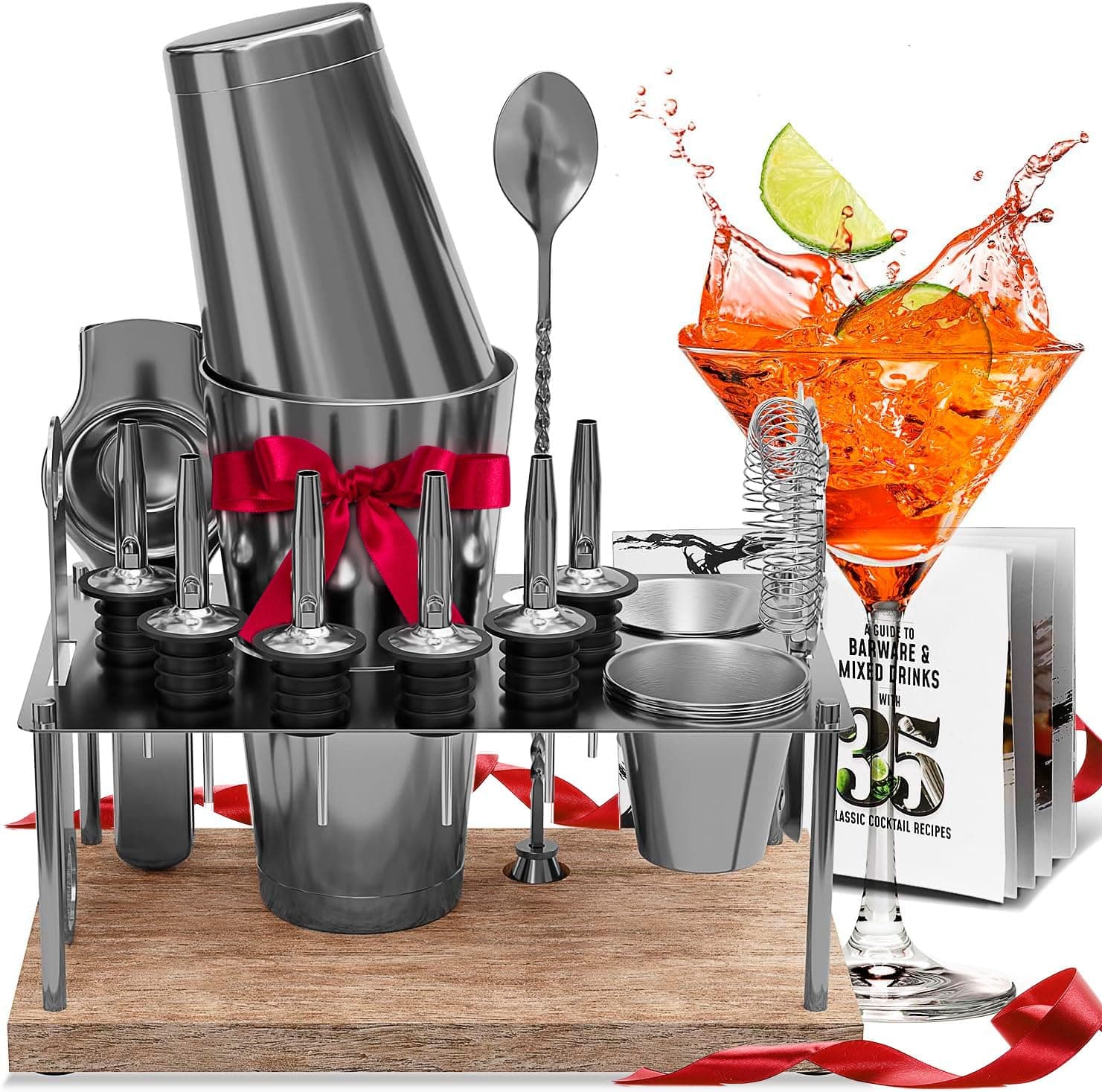 EATEX Silver Cocktail Set, 17-Piece Bartender Kit with Wood Stand, Stainless Steel Cocktail Shaker, Mixology Bar Tools & Accessories
