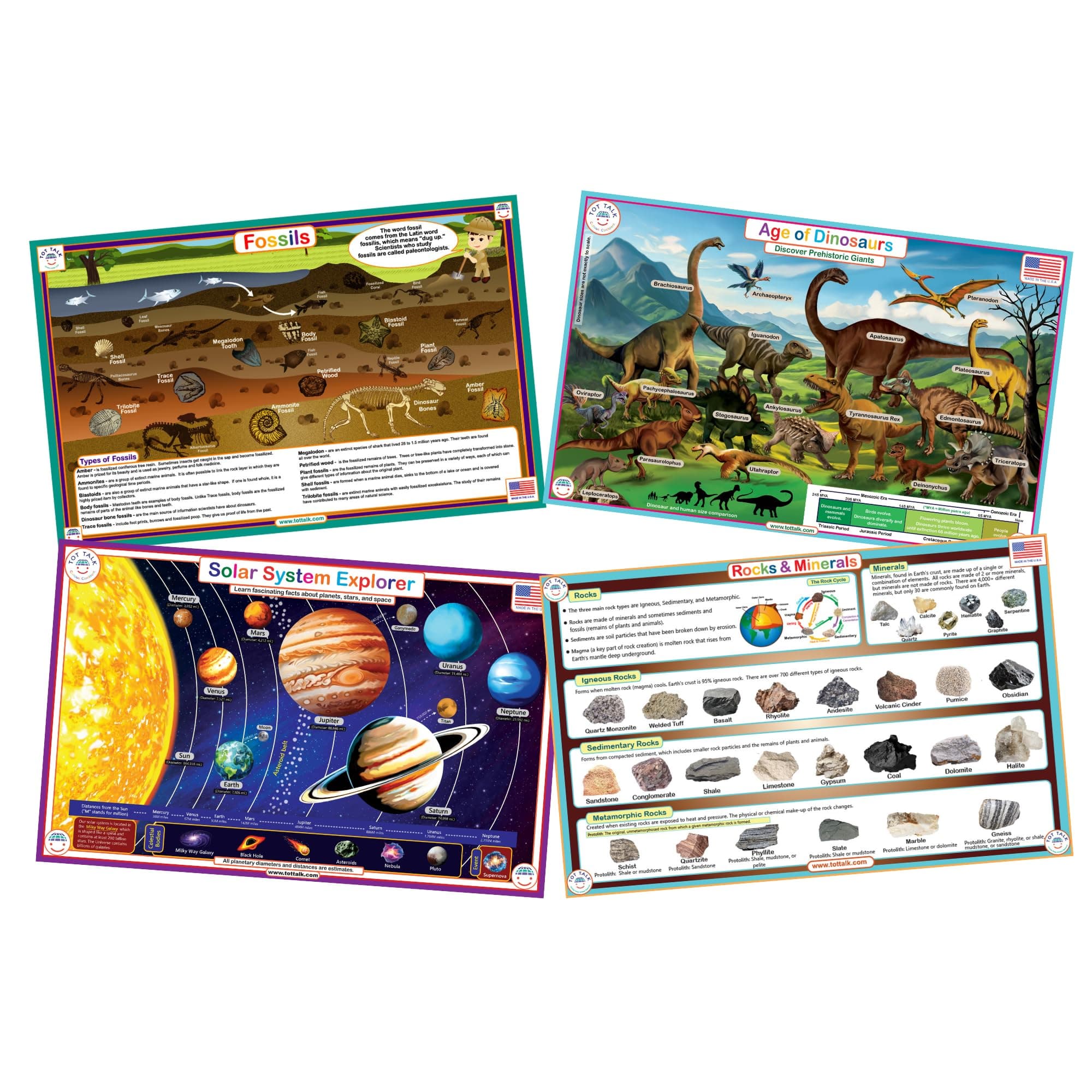 Science Explorer Educational Placemat 4-Pack for Kids – Made in USA – Dinosaurs, Solar System, Rocks & Minerals, & Fossils – Durable, Double-Sided, Waterproof, Wipeable Learning Mats