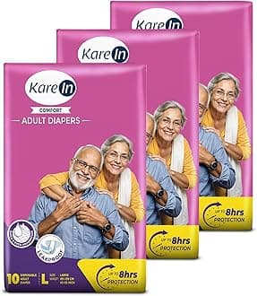 KareIn Comfort Adult Diapers, Large, Waist Size 101-139 Cm (40"-55"), Tape Style, Unisex, High Absorbency, Leak Proof, Wetness Indicator, Pack of 3, 30 Count