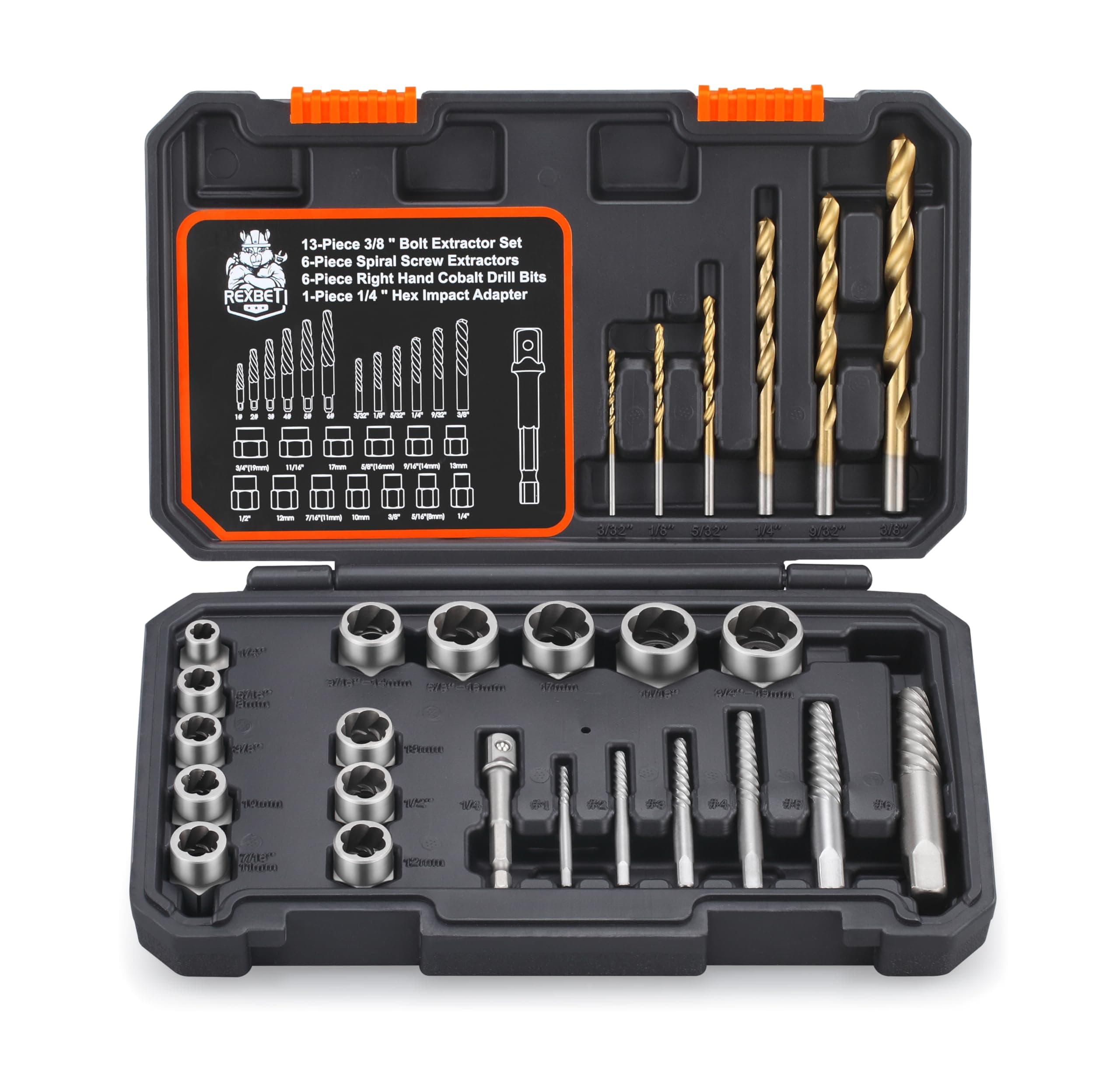 26-Piece Bolt Extractor Screw Extractor Set and Cobalt Drill Bit Set, Case with 13-Piece Bolt Extractor, 6-Piece HSS Drill Bit, 6-Piece Spiral Screw Extractor and 1-Piece Socket Adapter