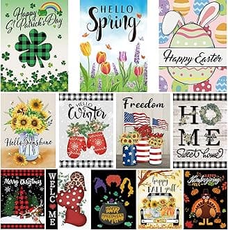 Pating Seasonal Garden Flags Set of 12 Double Sided 12 x 18 Inch, Small Yard Flags for Outside, Christmas Halloween Easter Valentine's Day Outdoor Decor, Holiday Garden Decorations for All Seasons
