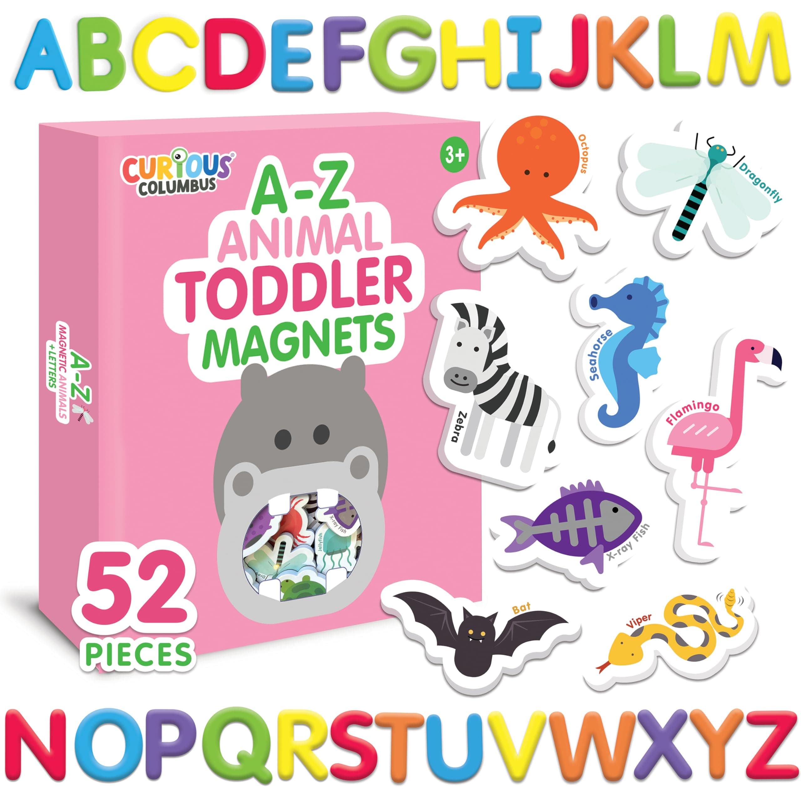 Curious Columbus Toddler Magnets – Animal Fridge Magnets for Kids | 52 Refrigerator Magnets with 26 Animals + 26 ABC Magnetic Letters | Foam Alphabet Learning Set for Toddlers