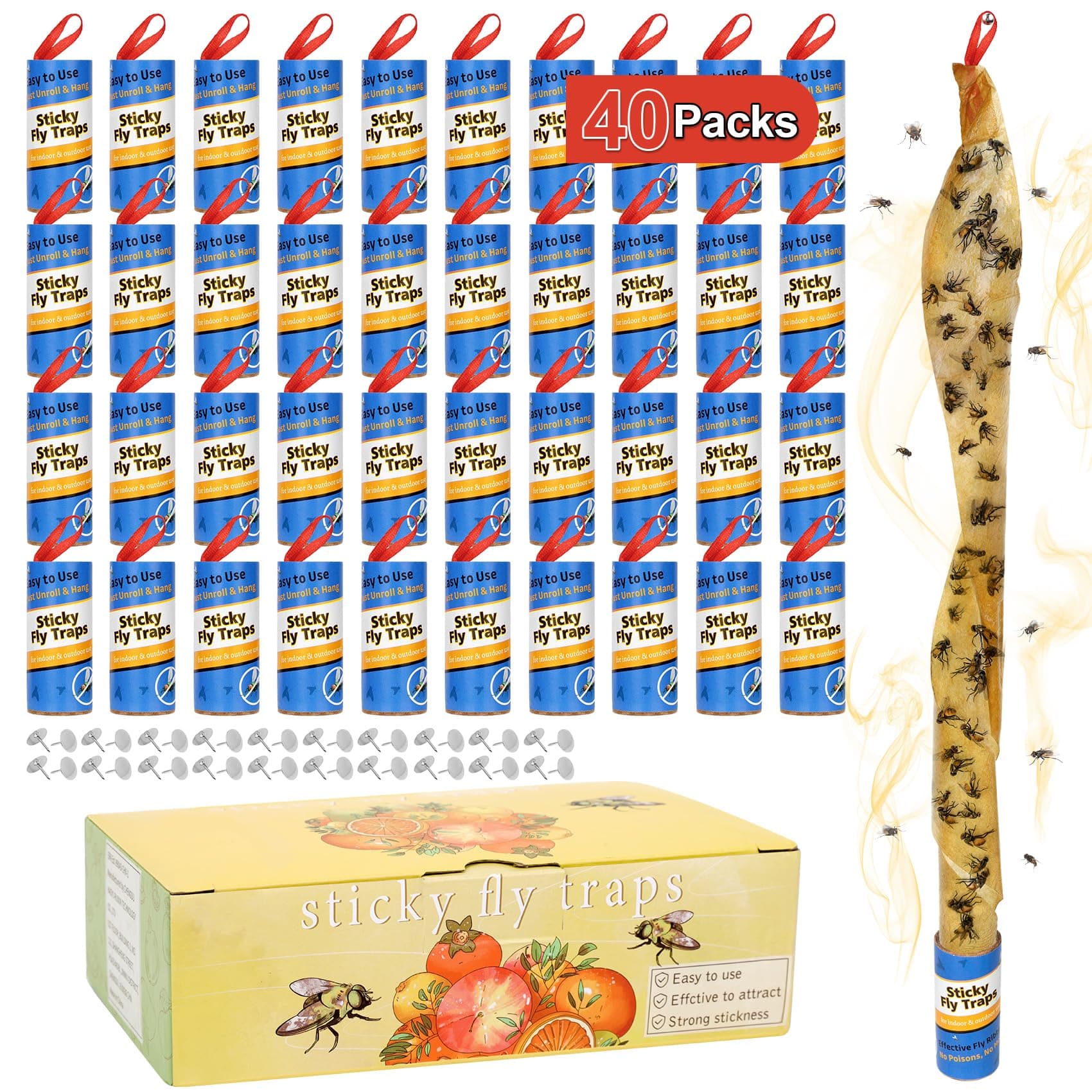 Dwcom 40 Pack Fly Trap, Fruit Fly Traps Indoor for Home, Fly Catcher Fly Strips Fly Tape Fly Paper Fly Ribbon Fly Traps Outdoor, Flying Insect Trap, Gnat Trap for Bug, Insect, Pest, Mosquito