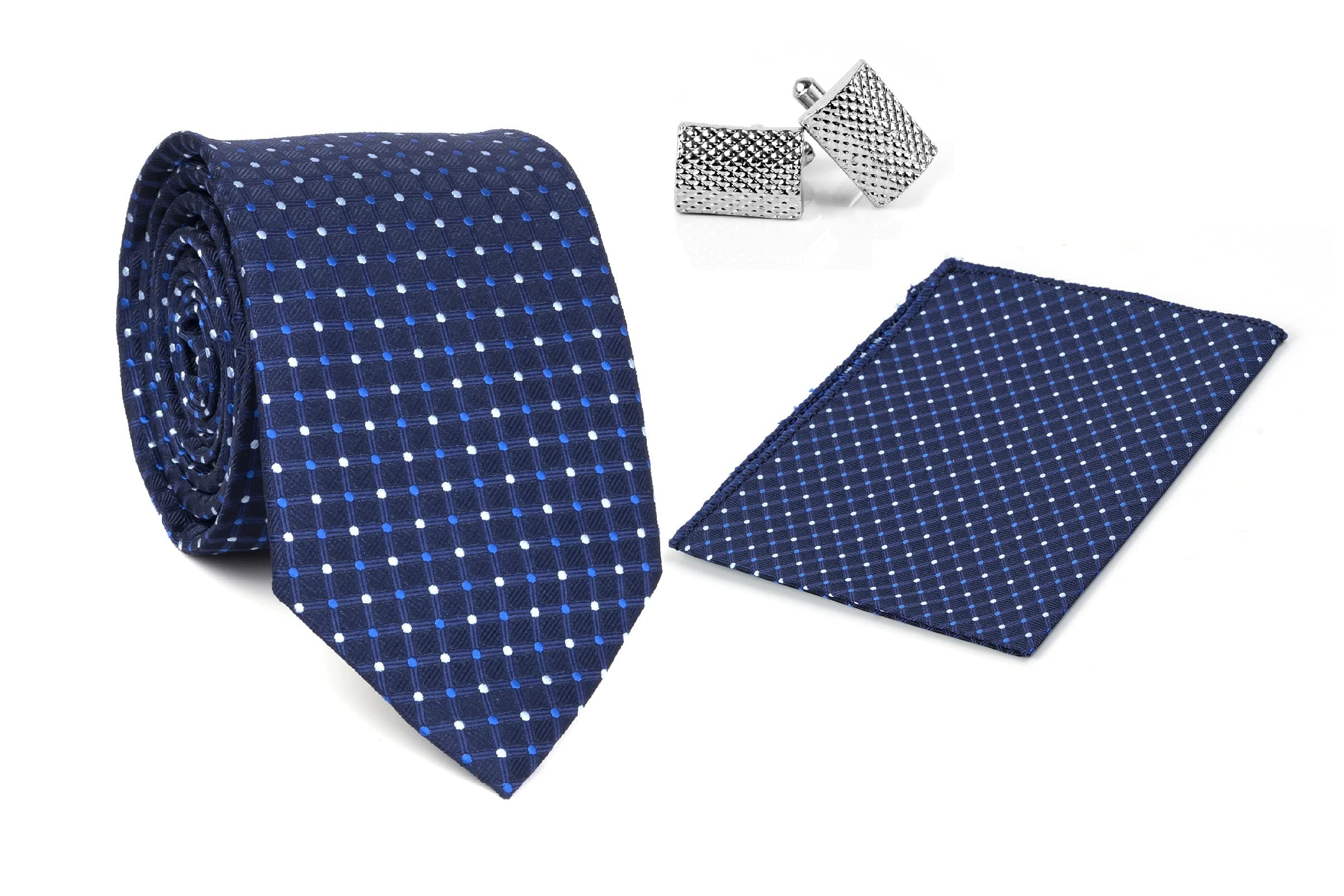 Men's Necktie, Pocket Square and Cufflink Set 3 inch width, 58 inch length 1628 TPC Blue
