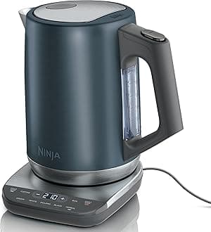 NinjaKT200BL Precision Temperature Electric Kettle, 1500 watts, BPA Free, Stainless, 7-Cup Capacity, Hold Temp Setting, Blue Stainless