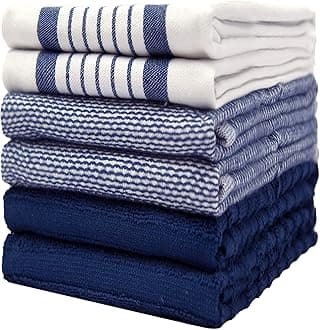 Premium Kitchen Towels (20”x 28”, 6 Pack) | Large Cotton Dish Towels | Flat & Terry Highly Absorbent Kitchen Linen Set with Hanging Loop | Navy Blue Striped