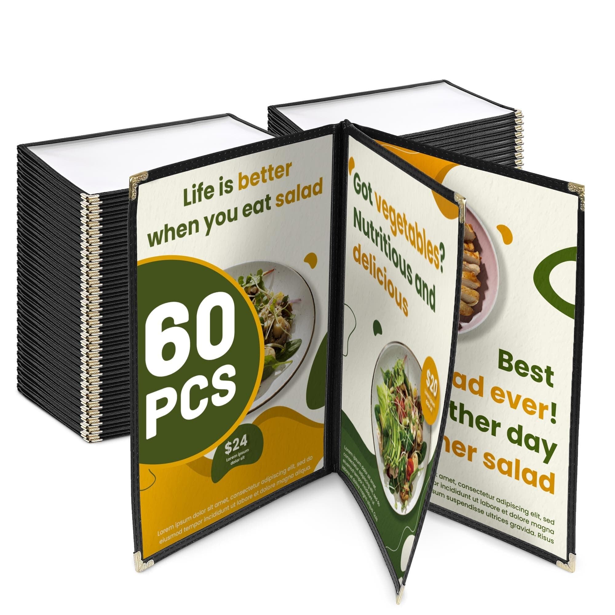 WeChef 60 Pack Restaurant Menu Covers 8.5 x 14" Book Style 3 Pages 6 Views Double Stitch Trim Menu Holders for Restaurant Bar Hotel Cafe
