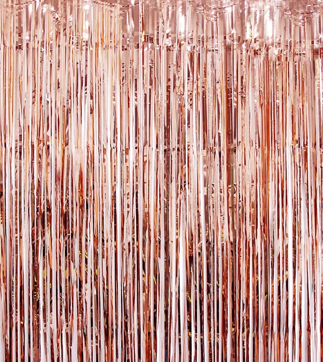 Blukey2 Pack 3ft x 8ft Foil Fringe Backdrop Metallic Tinsel Door Window Curtain Party Photo Booth Props for Birthday Bachelorette Wedding Graduation Prom Decorations (Rose Gold)