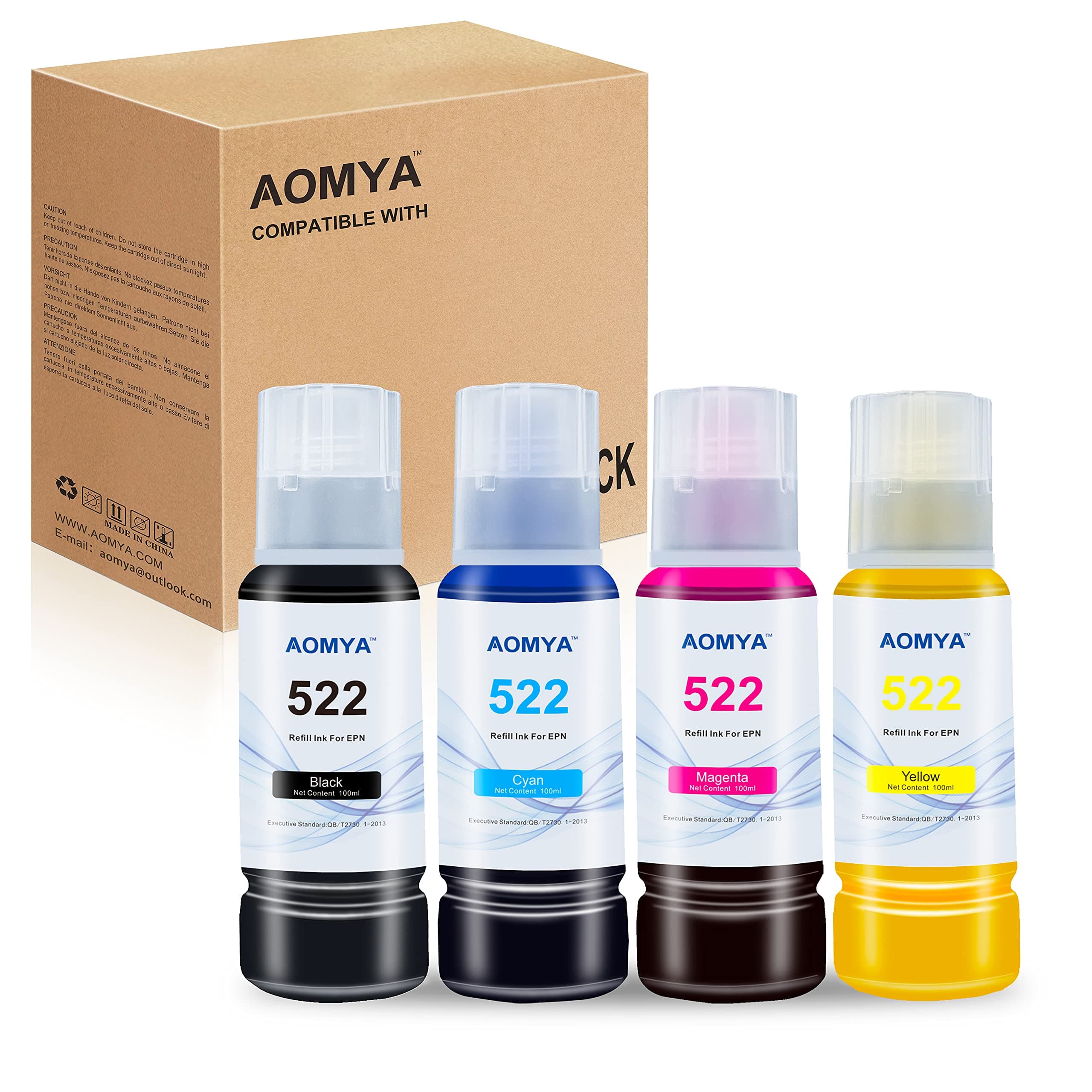 Aomya Compatible T522 Refill Ink Bottle Kit Premium Ink for EcoTank ET-2720, ET-4700 Printers Black, Cyan, Magenta, Yellow 4-Pack 100ML