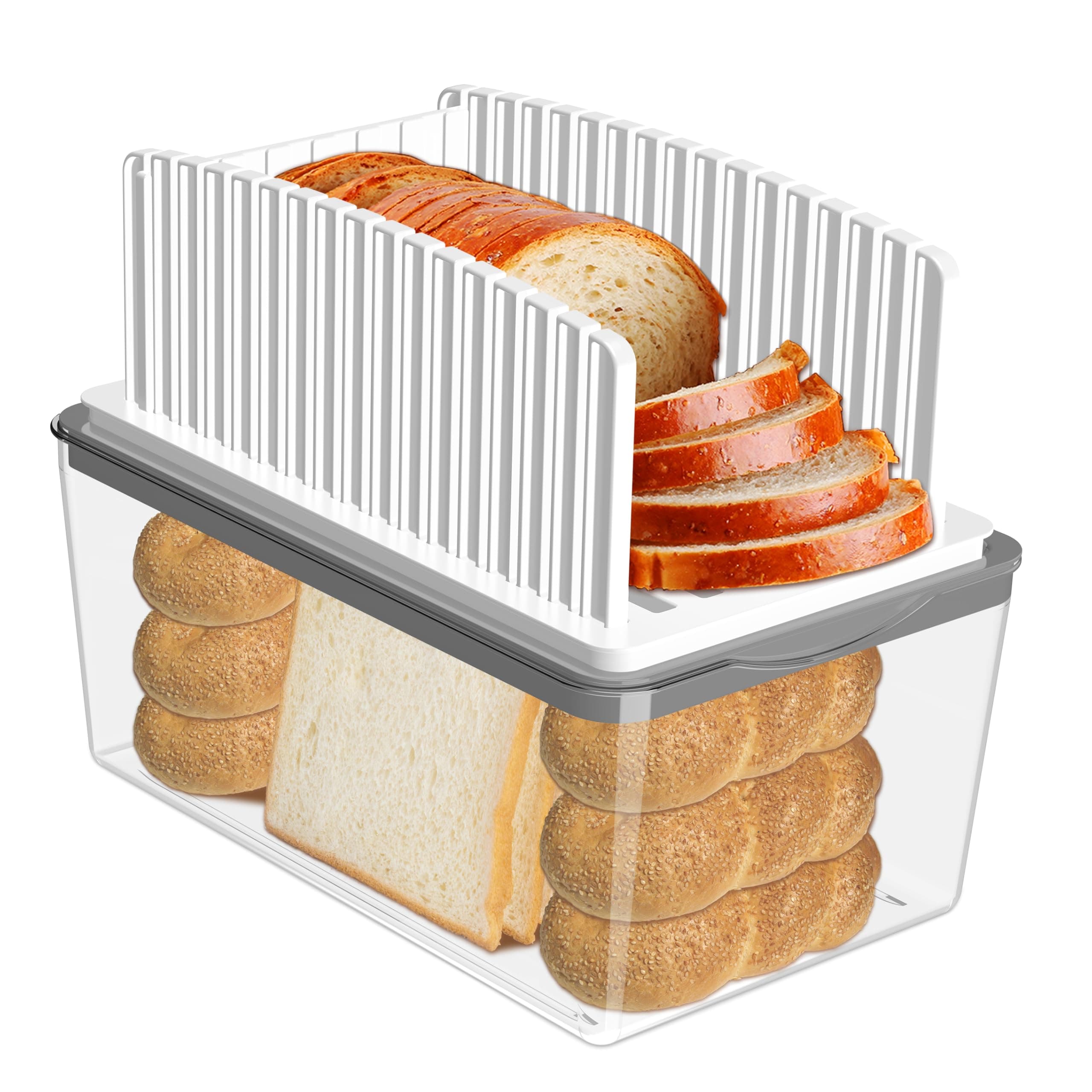 Upgrade Bread Slicer for Homemade Bread with Bread Box, Bread Slicing Guide Adjustable Width, Foldable and Compact Cutting Guide with Crumb Tray, Suitability for Homemade Bread, Bagels, Cakes.