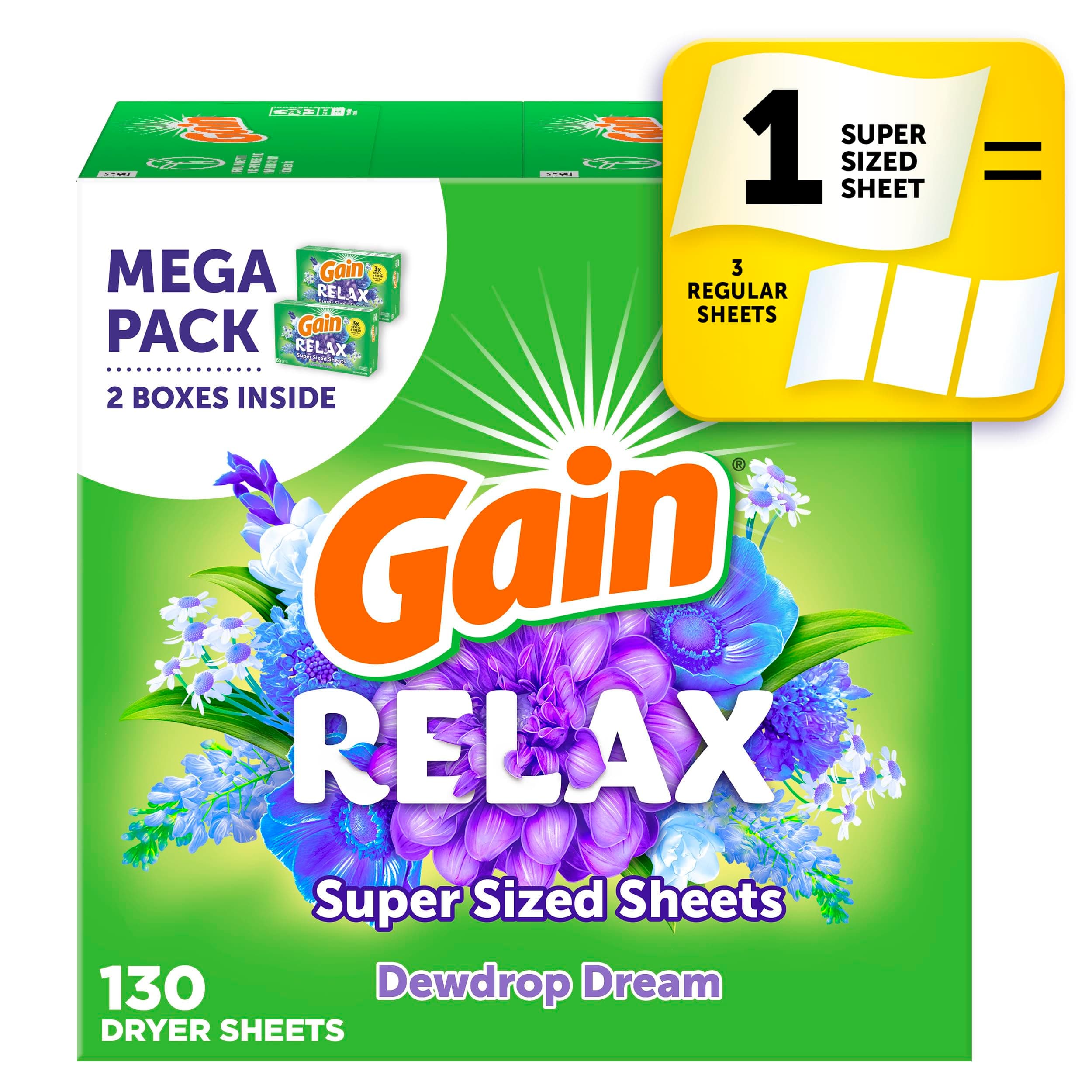 Super Sized Dryer Sheets, Laundry Fabric Softener, Relax, 130 Count