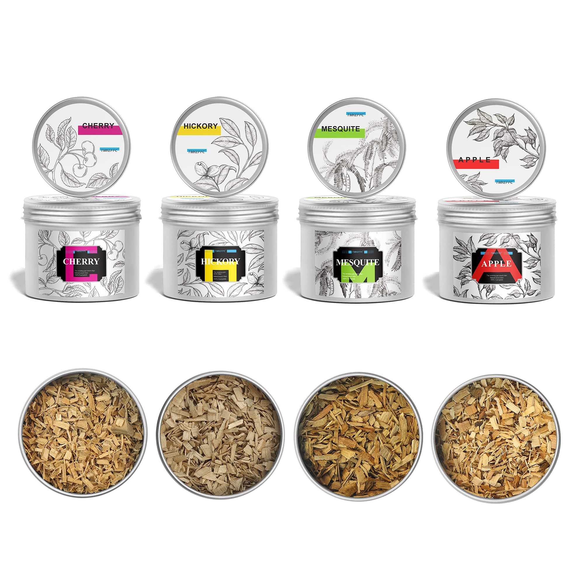 TMKEFFC Wood Chips 4 Pack 16 Oz, Apple, Cherry, Hickory, Mesquite for Smoking Gun, Electric Smokers, Food, Drinks, Cheese, Desserts