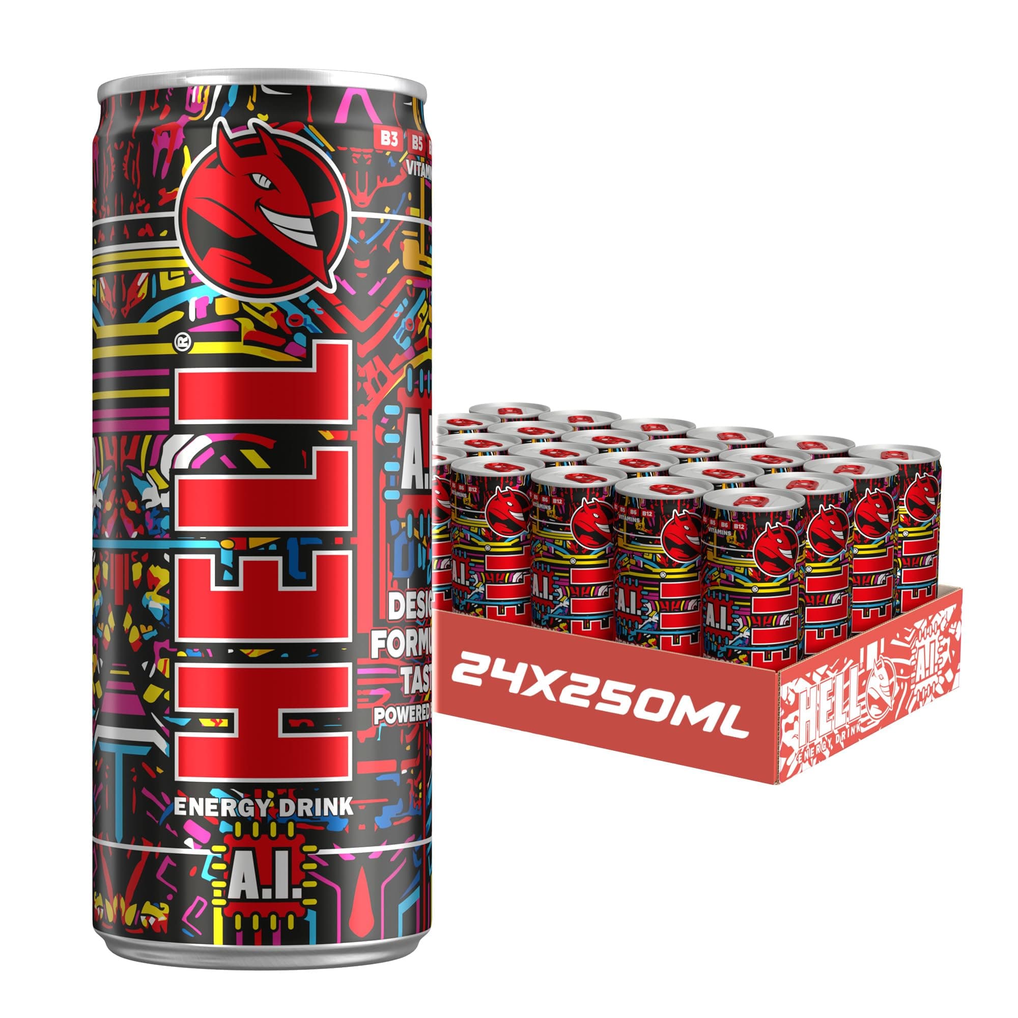 Hell Energy Drink A.I | 24 x 250ml Cans Multipack | 32mg/100ml Caffeine | Contains Vitamins B2 B3 B5 B6 B12 | Preservative Free | Vegan | Reduce Fatigue & Boost Energy