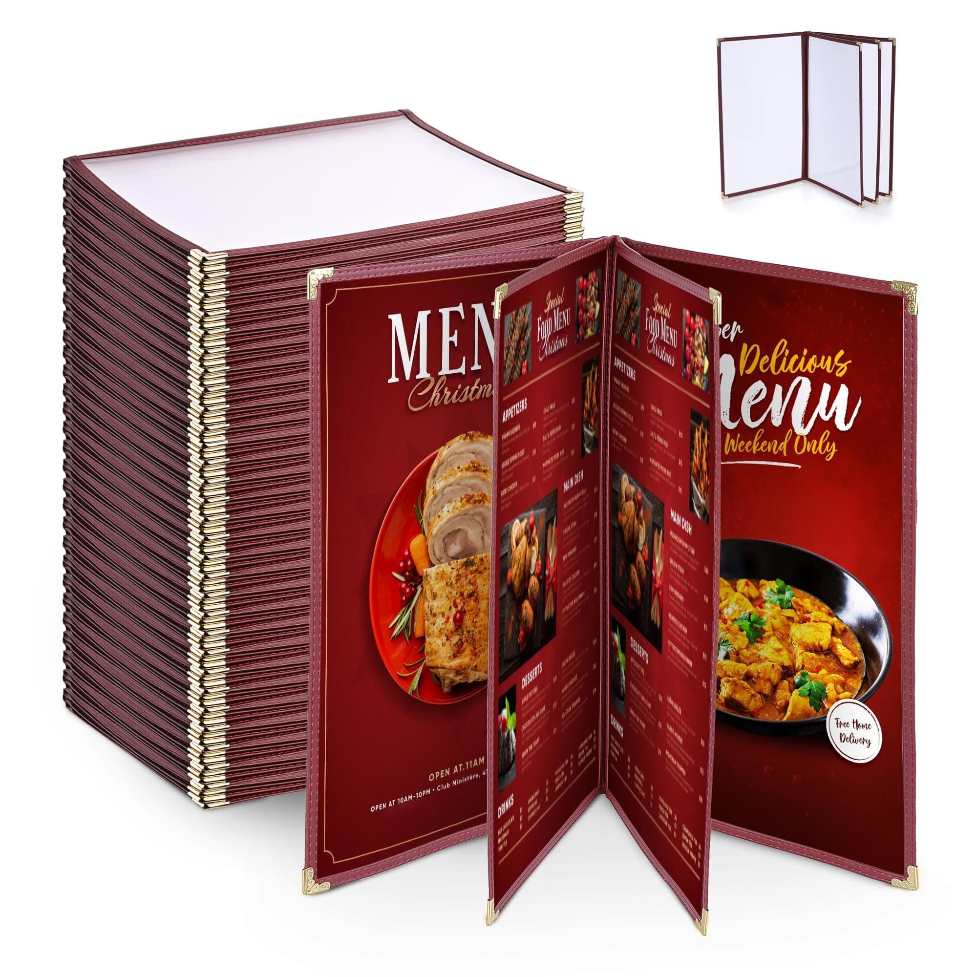 - WeChef 30 Pack Restaurant Menu Covers 8.5 x 14" Book Style 4 Page 8 View PVC Transparent Menu Holder Book Cafe Hotel Bar Pub Burgundy