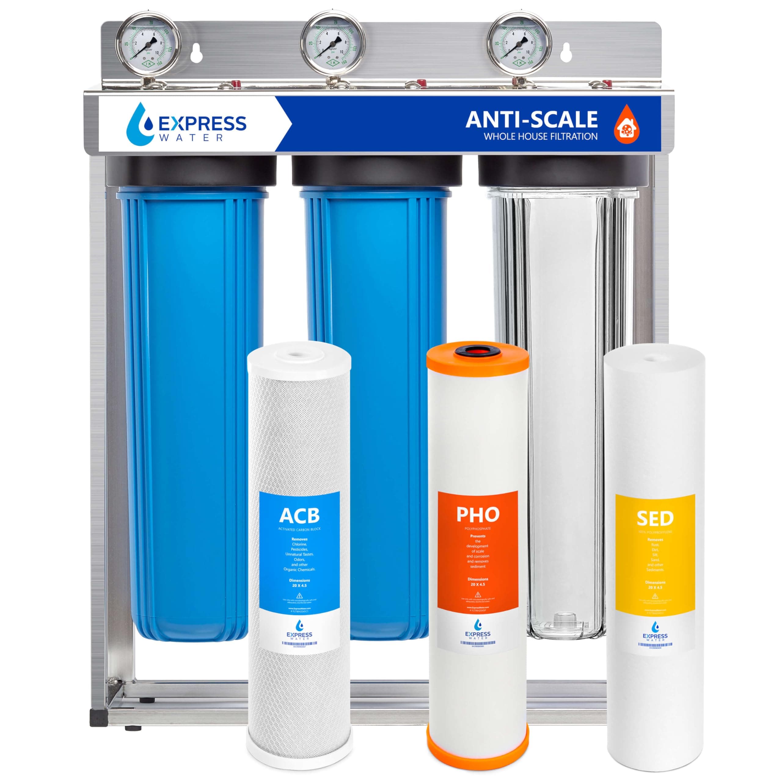 Express Water Whole House Water Filter System, 3 Stage Home Purifier System, Top Tier Filtration Specially Designed to Prevent Scale Build-Up, Protects Pipes and Appliances