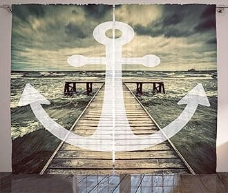 Ambesonne Nautical Curtains, Anchor Print in Ocean Waves with Long Wooden Pier Cloudy Sky 3D Effect Print, Living Room Bedroom Window Drapes 2 Panel Set, 108" X 84", Grey and Brown