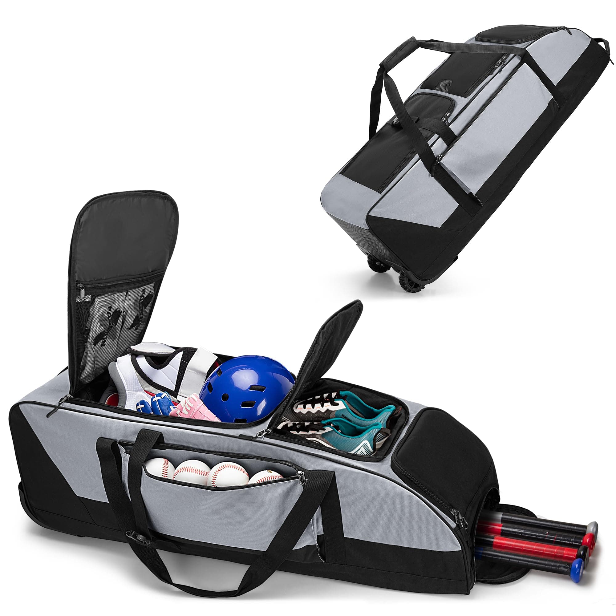 Rolling Baseball Softball Bag with Wheels for 4 Bats, Baseball Duffle Bag with Separate Shoe Space and Multiple Pockets for Softball Equipment, Gray