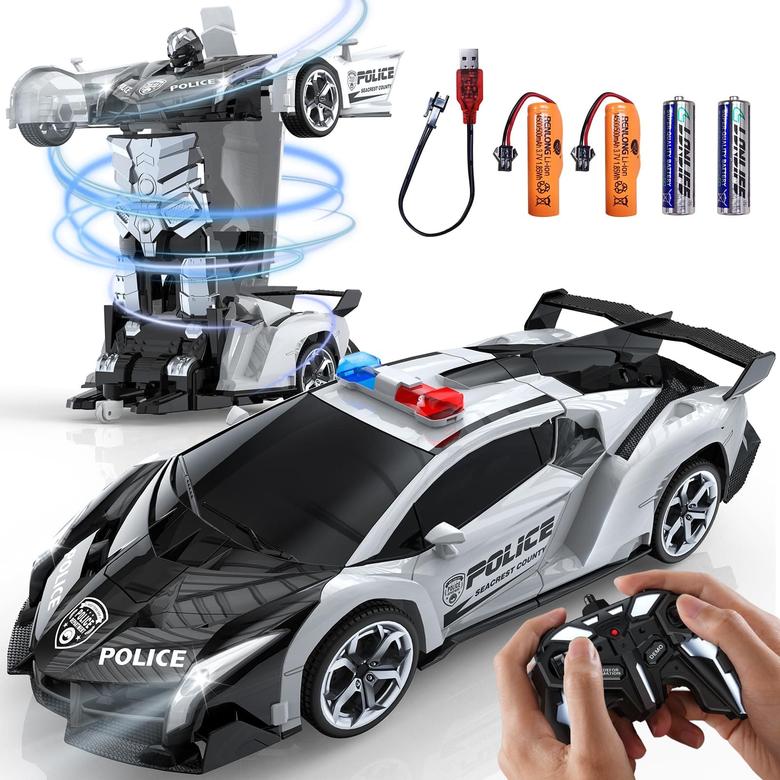 KKM Remote Control Car Toy, 2.4Ghz Transform Robot RC Cars with Flashing Light, 1:18 Scale One Button Deformation Toy Gift Car & 360° Rotating Drifting RC Toy Car for Age 6-12 Years Boy Kids-Black