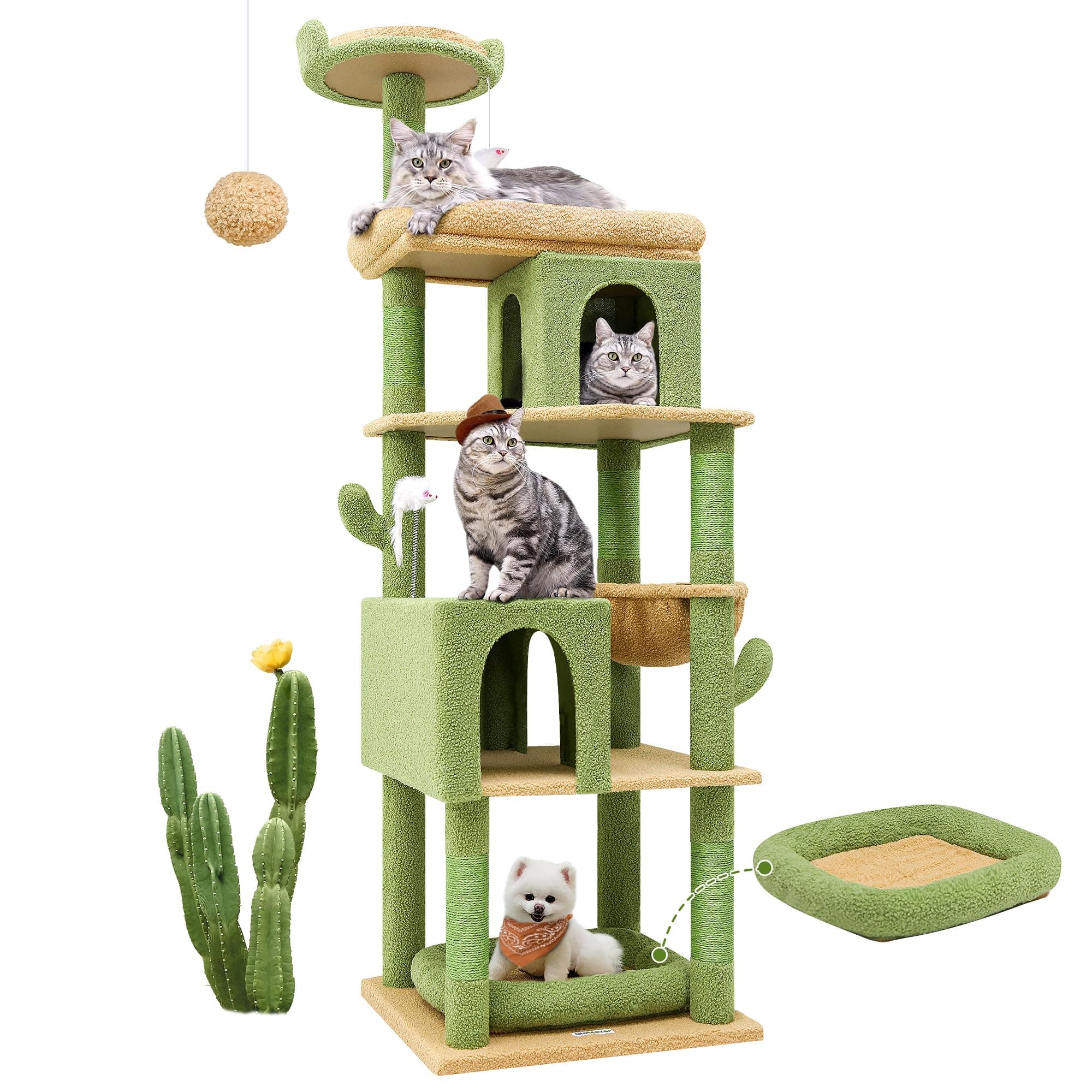 Globlazer Heavy Duty Cactus Cat Tree for Large Cats, Sturdy 72in Maine Coon Cat Tree for Large 20 lbs+ Cactus Cat Tower for Adult Biggest Cats with 6 Scratching Posts, Hammock, S72, Green