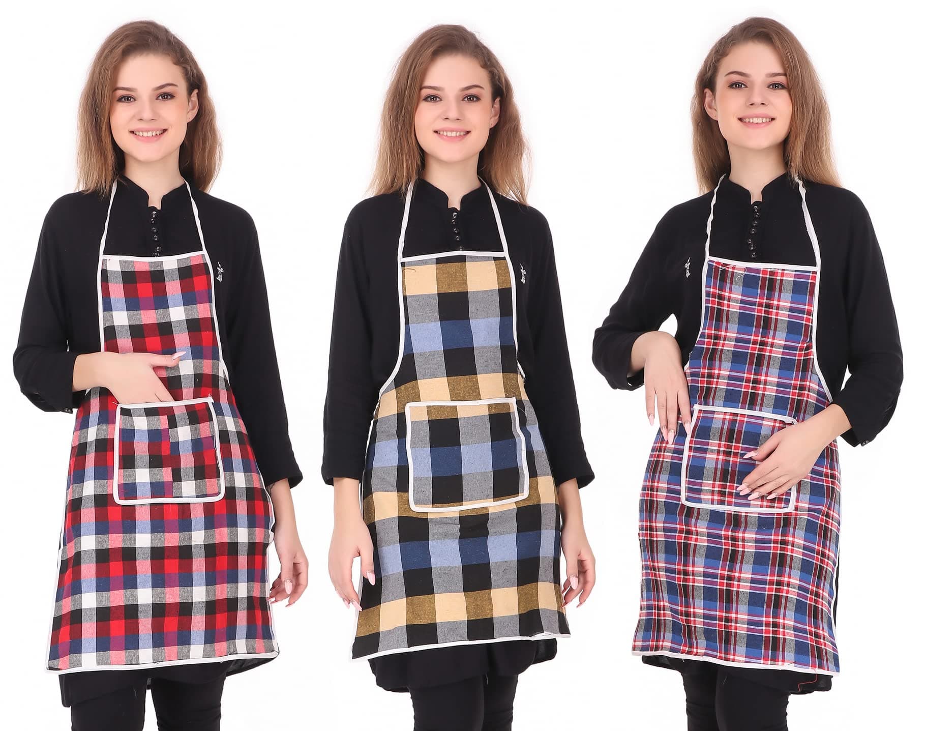 GLUN Cotton Kitchen Multi Colour Apron with Front Pocket Set of 3(Color and Design May Vary)